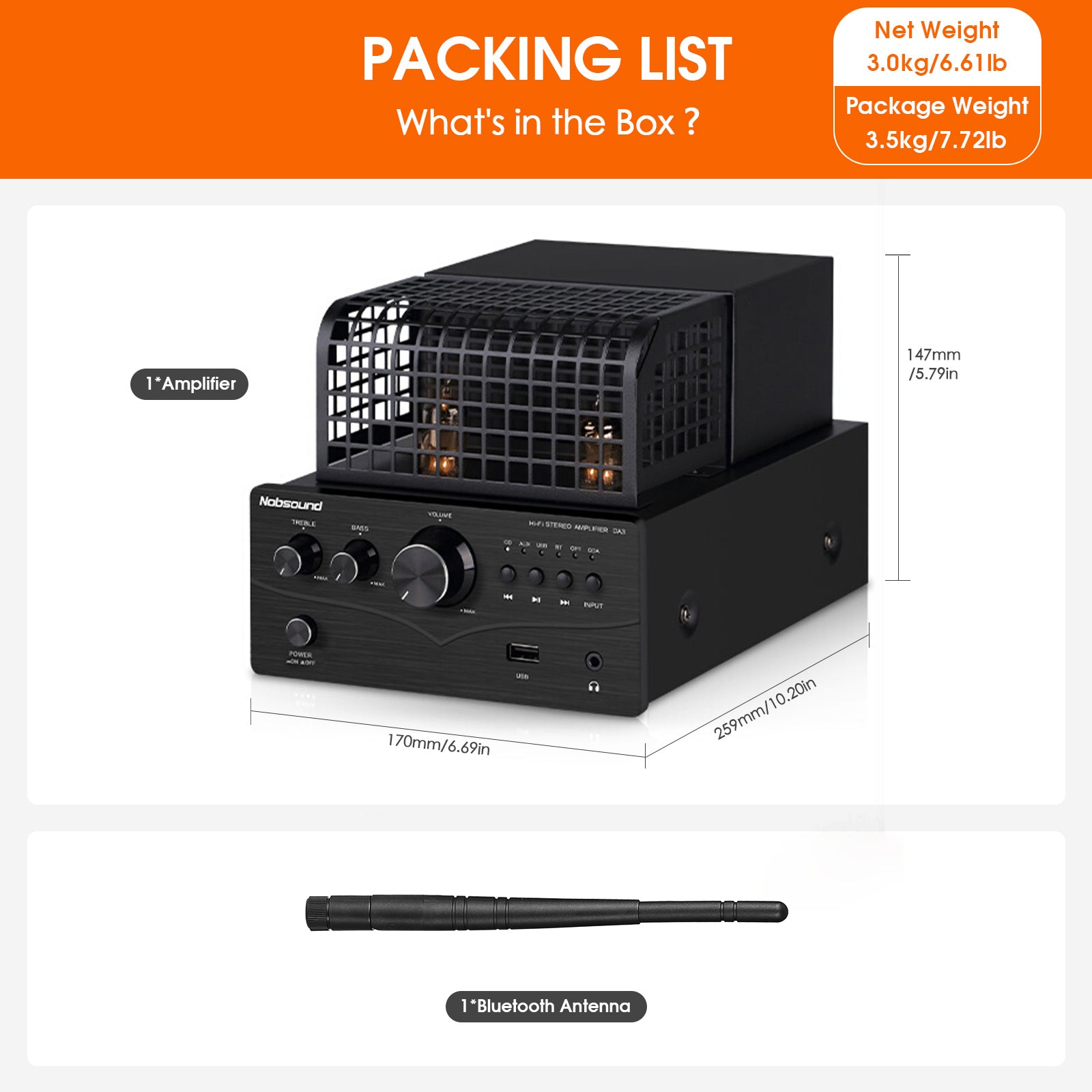 Nobsound DA3 HIFI Bluetooth Tube Power Amplifier with COAX/OPT/USB IN