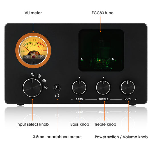 Douk Audio TUBE-T5C Mini Stereo Tube Preamp 4-Way Audio Selector Splitter Headphone Amp w/ VU Meter