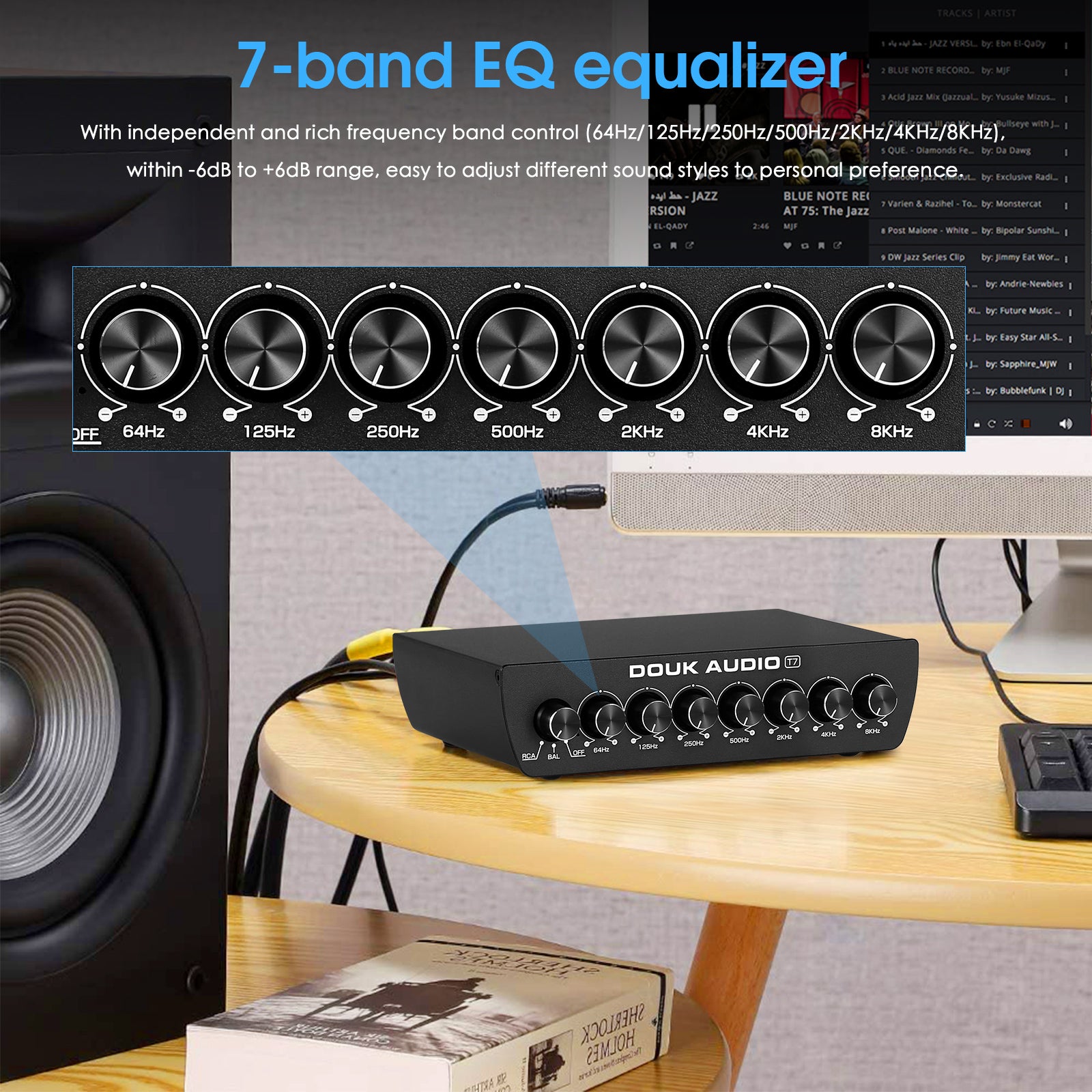 Douk Audio T7 7-Band Equalizer Balanced XLR / RCA Preamp for Home Amplifier