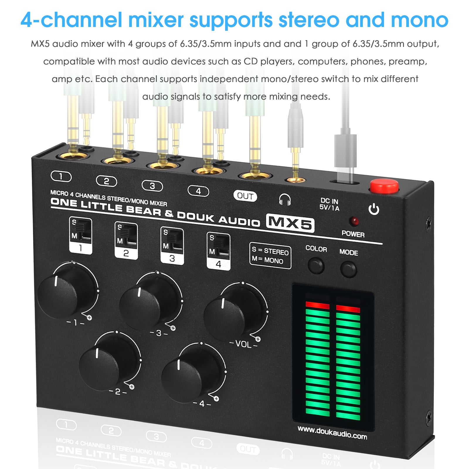 Douk Audio MX5 Mono/Stereo 4 Channel Audio Mixer Ultra Low-Noise Line Mixer LED Level Meter