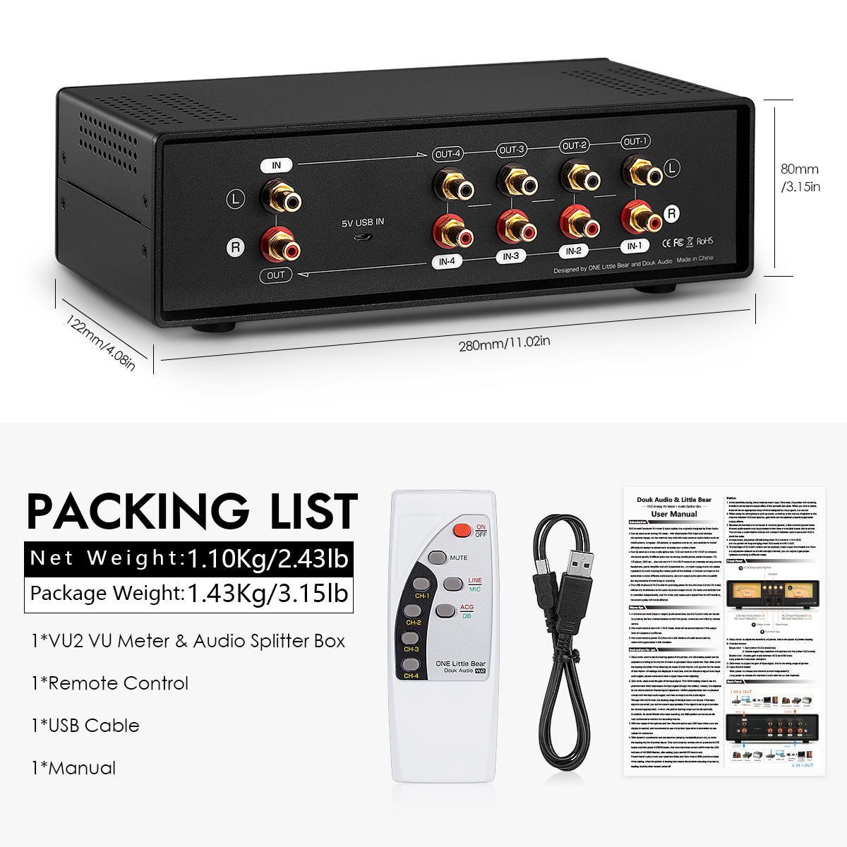 Douk Audio VU2 MIC+LINE Dual Analog VU Meter Stereo RCA Audio Splitter Switcher Box Audio Spectrum Display