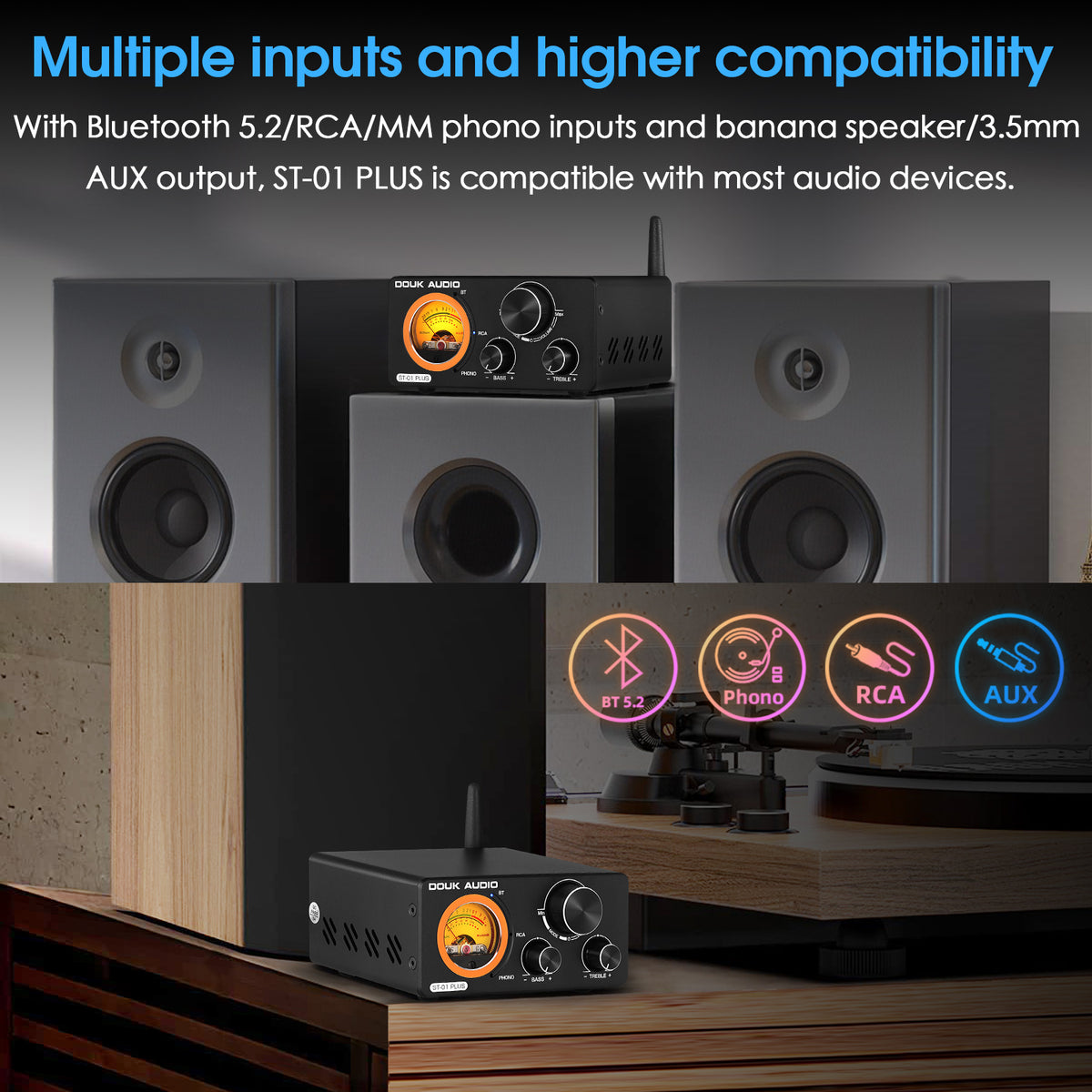 Douk Audio ST-01 PLUS HiFi Bluetooth TPA3255 Digital Amplifier VU Meter Turntable Audio Stereo Amp