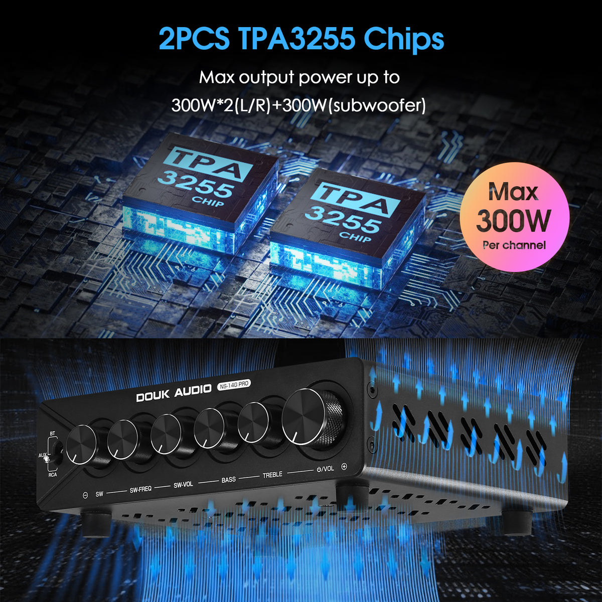 Douk Audio NS-14G PRO HiFi 2.1 Channel Bluetooth TPA3255 Digital Amplifier Subwoofer Stereo Audio Amp