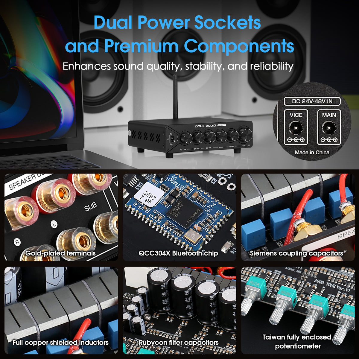 Douk Audio NS-14G PRO HiFi 2.1 Channel Bluetooth TPA3255 Digital Amplifier Subwoofer Stereo Audio Amp