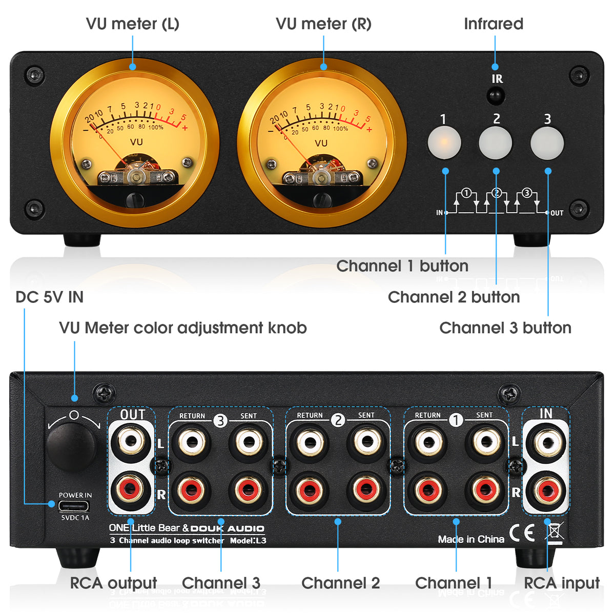Douk Audio L3 3-Kanal-Stereo-Audio-Loop-Umschalter mit VU-Meter-RCA-Auswahlbox 