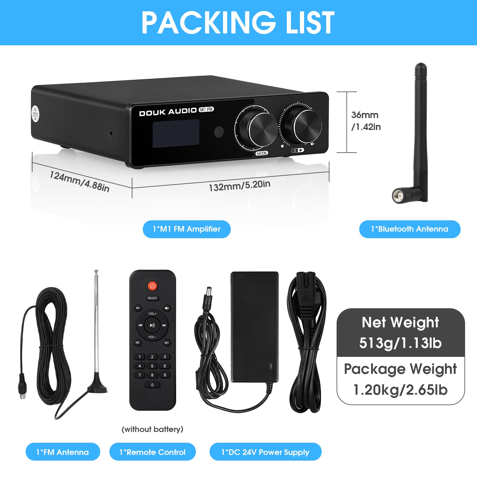 Douk Audio M1FM HiFi TPA3116 Digital Amplifier Bluetooth 5.1 Stereo Receiver Home FM Amp 50W*2