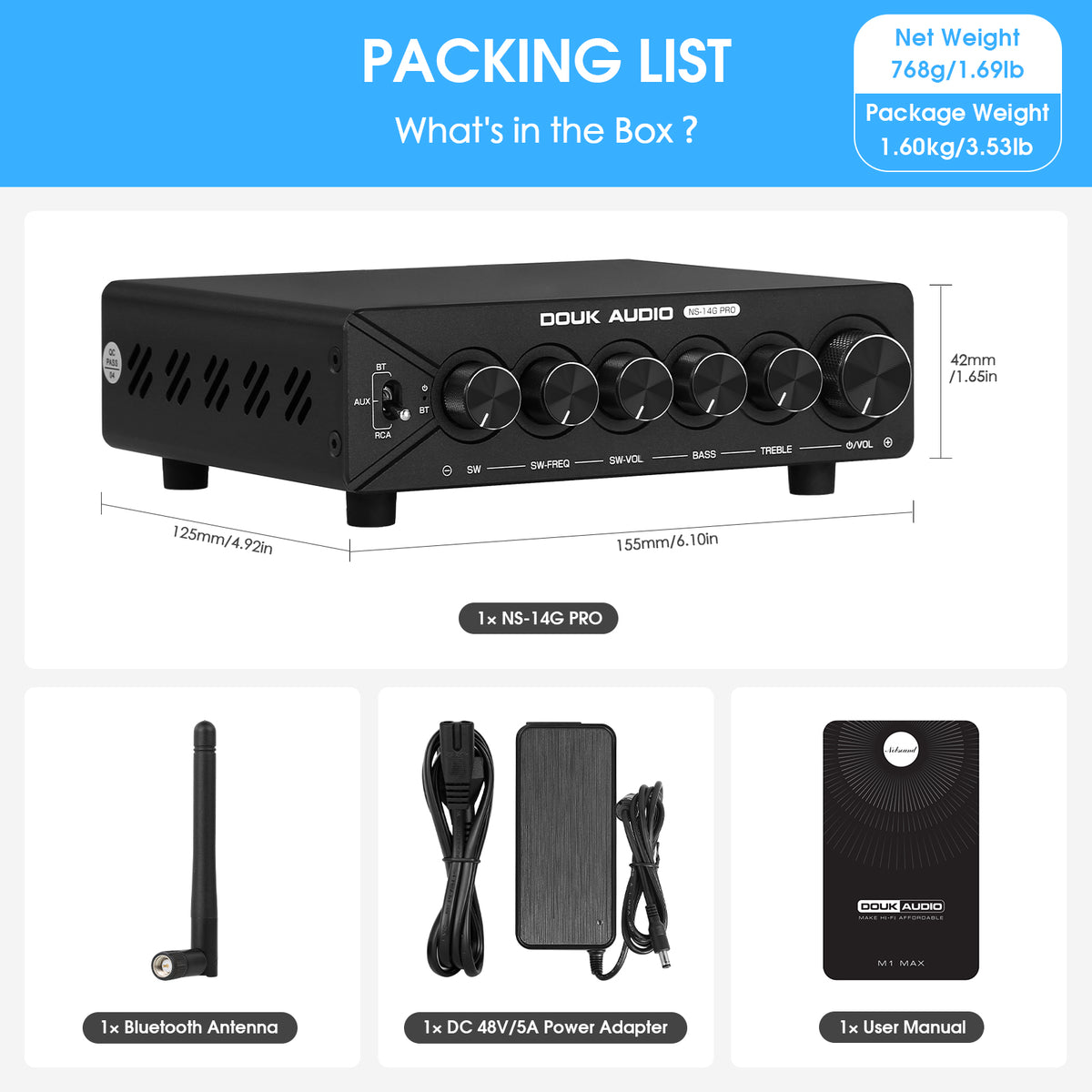 Douk Audio NS-14G PRO HiFi 2.1 Channel Bluetooth TPA3255 Digital Amplifier Subwoofer Stereo Audio Amp