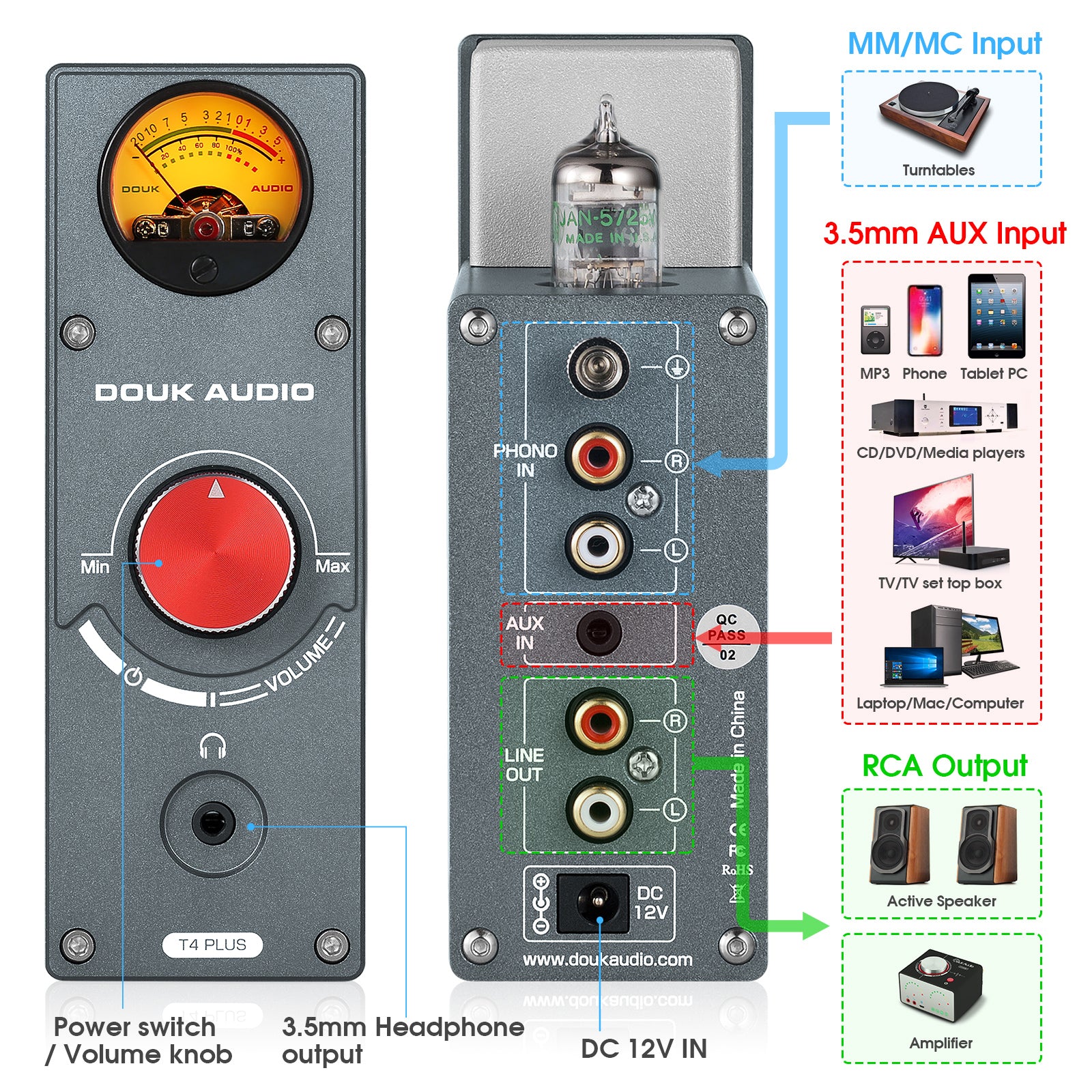 Douk Audio T4 PLUS HiFi Vaccum Tube Phono Preamp for Turntable Stereo Preamp Headphone Amp w/VU Meter
