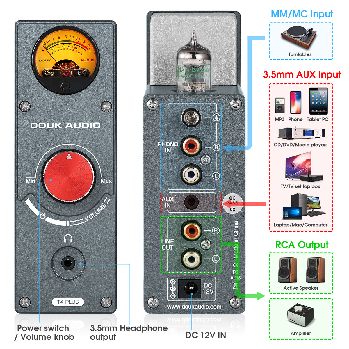 Douk Audio T4 PLUS HiFi GE5654 Röhren-Phono-Vorverstärker für Plattenspieler, Stereo-Vorverstärker, Kopfhörerverstärker mit VU-Meter 