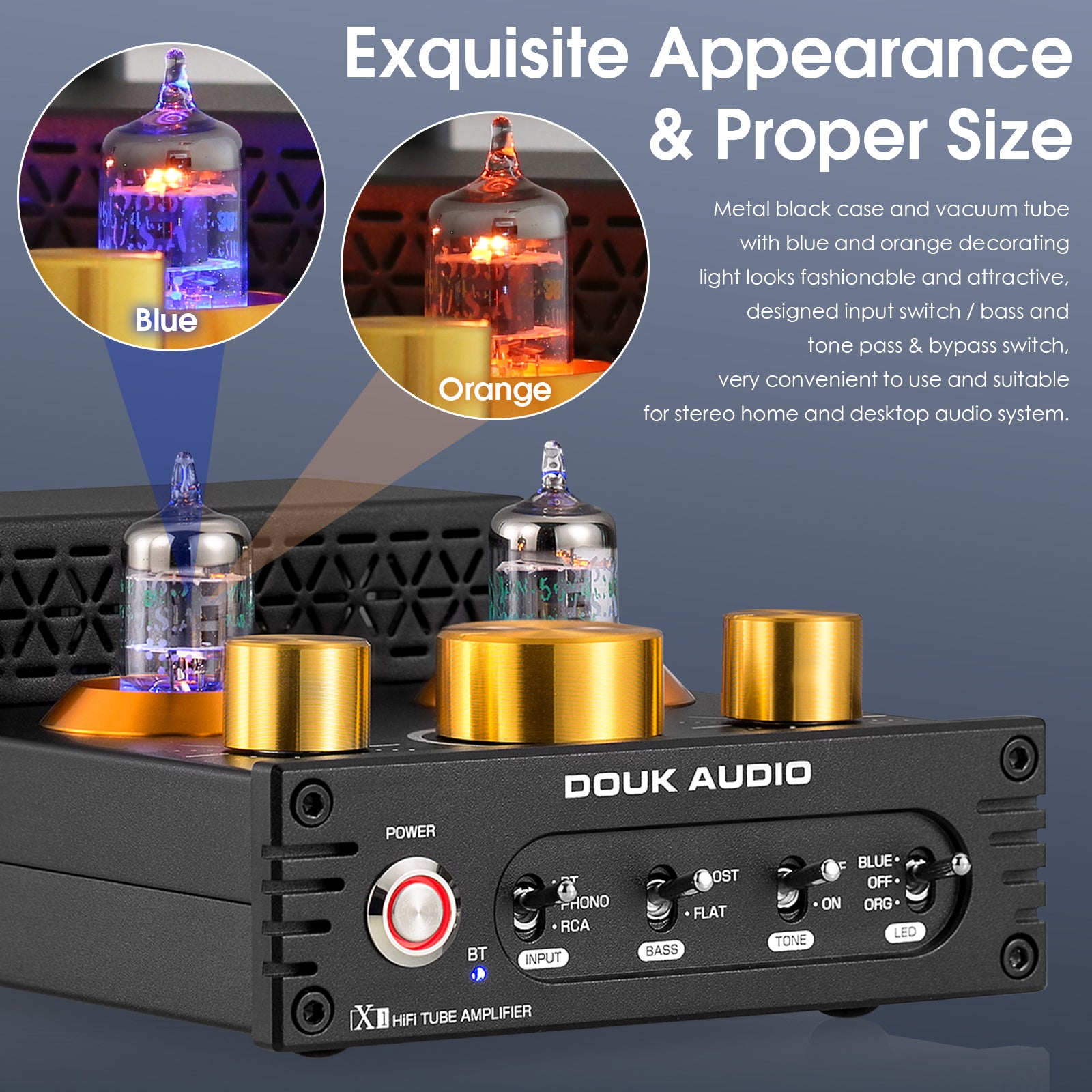 Douk Audio X1 HiFi Bluetooth 5.0 Vacuum Tube Amplifier Desktop Audio Amp for Turntables 160Wx2