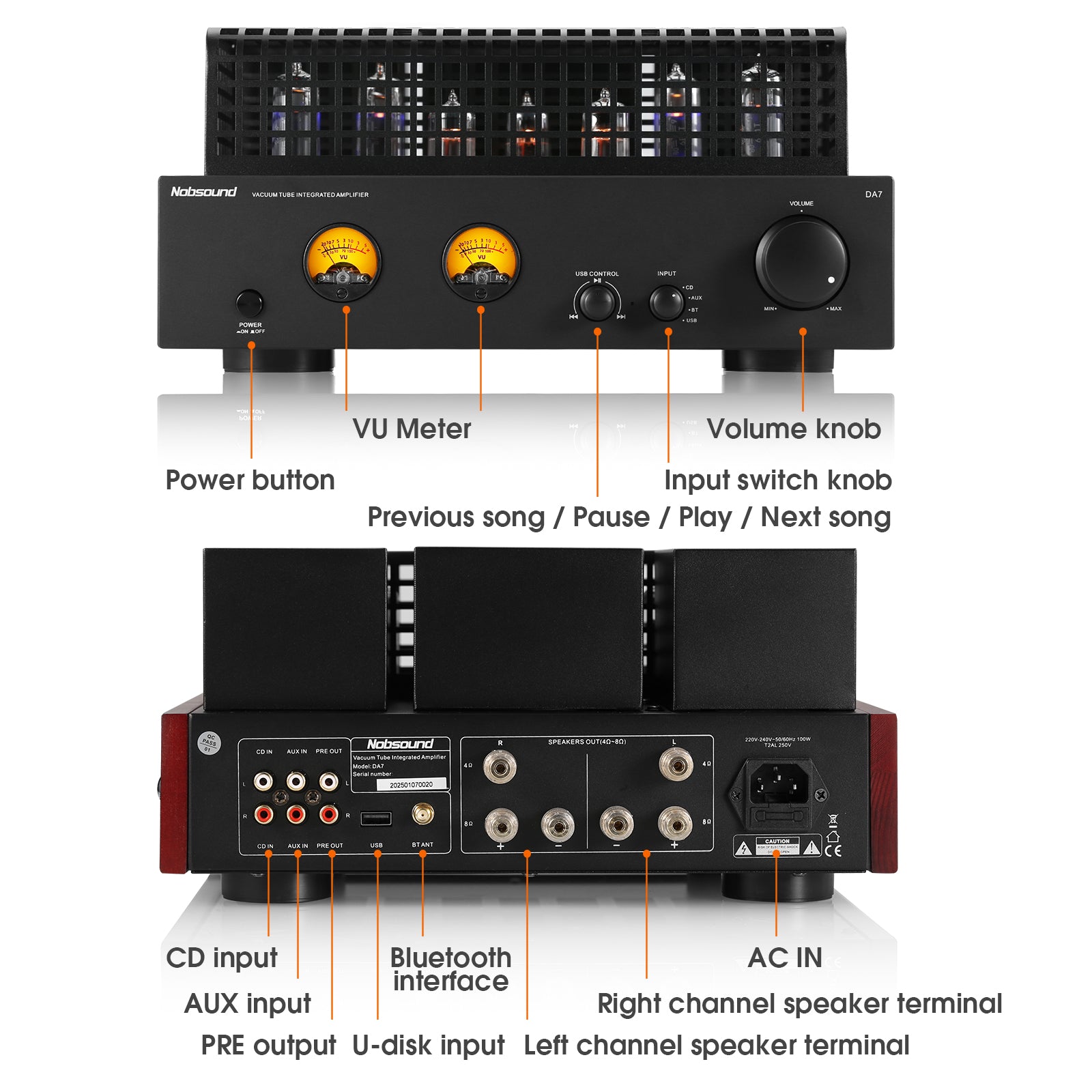 Nobsound DA7 HiFi Vacuum Tube Power Amplifier with Bluetooth/RCA/USB IN
