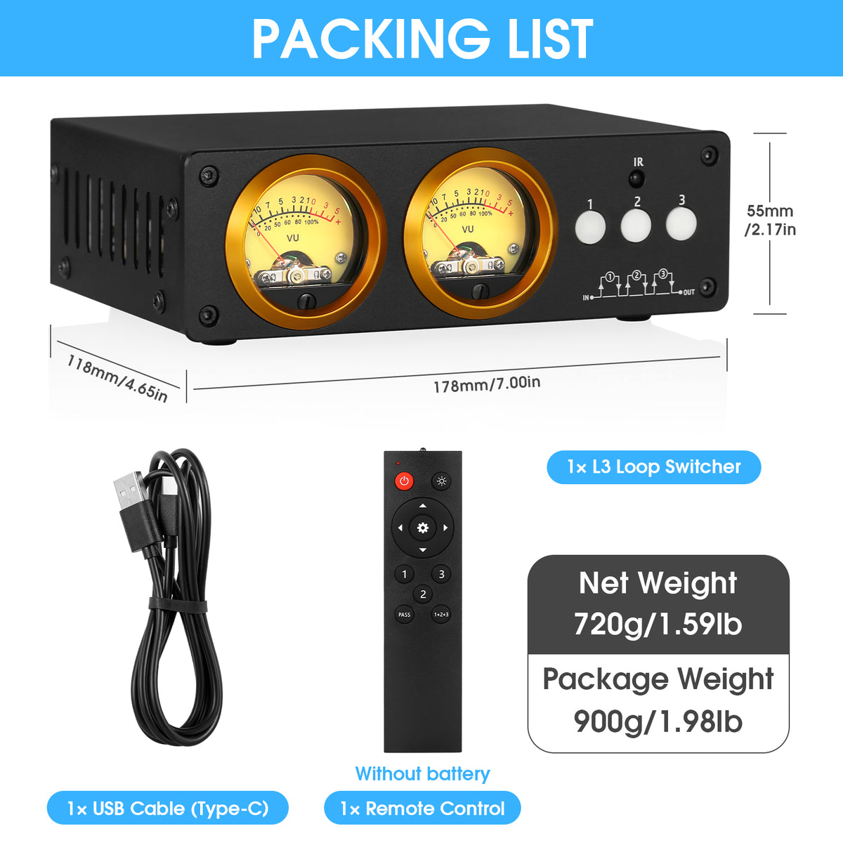 Douk Audio L3 3-Kanal-Stereo-Audio-Loop-Umschalter mit VU-Meter-RCA-Auswahlbox 