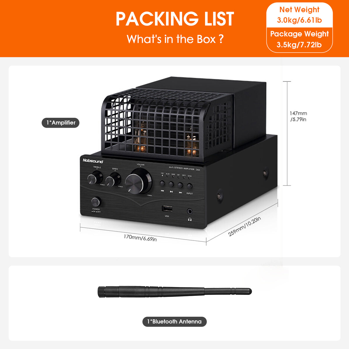 Nobsound DA3 HIFI Bluetooth Tube Power Amplifier with COAX/OPT/USB IN