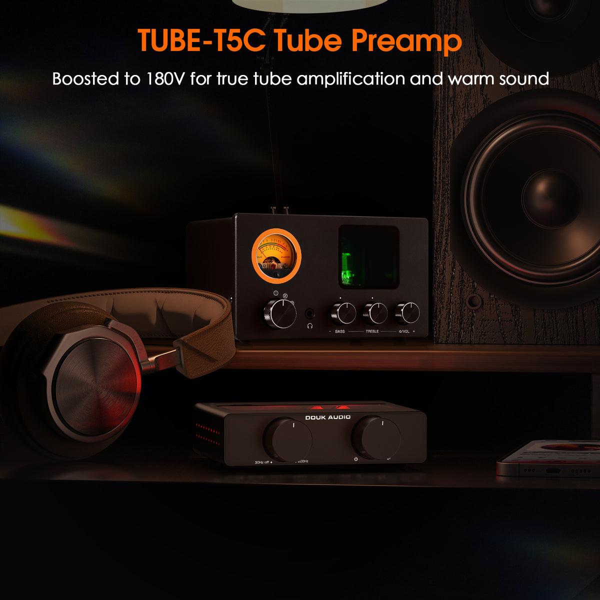 Douk Audio TUBE-T5C Mini Stereo Tube Preamp 4-Way Audio Selector Splitter Headphone Amp w/ VU Meter