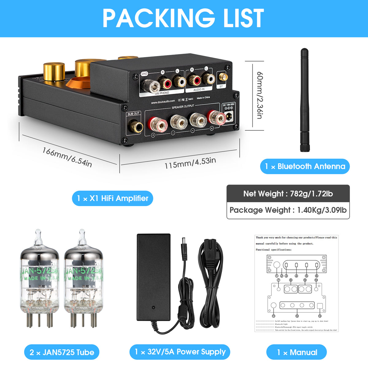 Douk Audio X1 HiFi Bluetooth 5.0 Vacuum Tube Amplifier Desktop Audio Amp for Turntables 160Wx2