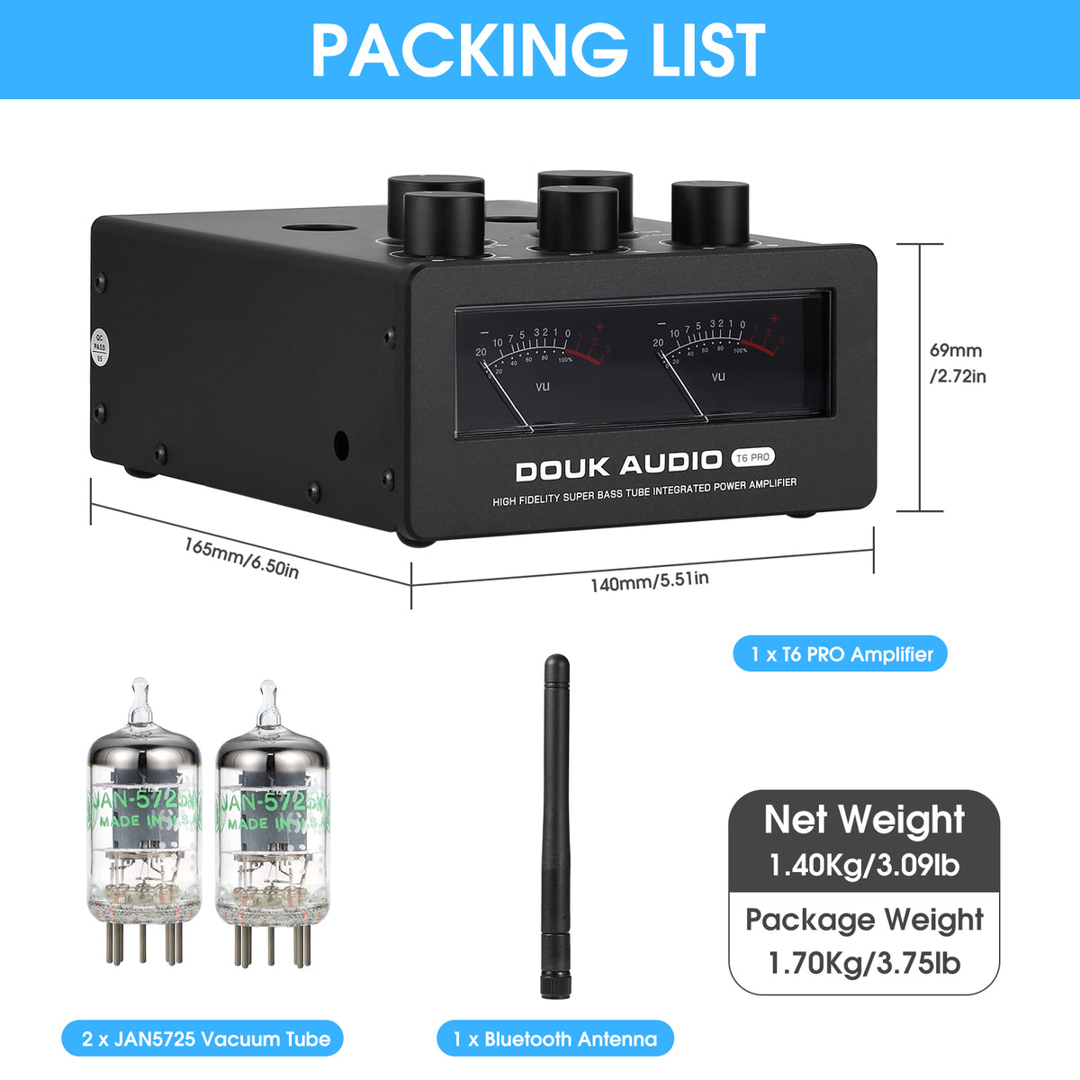 Douk Audio T6PRO HIFI TPA3255 Bluetooth Tube Amplifier with VU Meter 300Watts x2