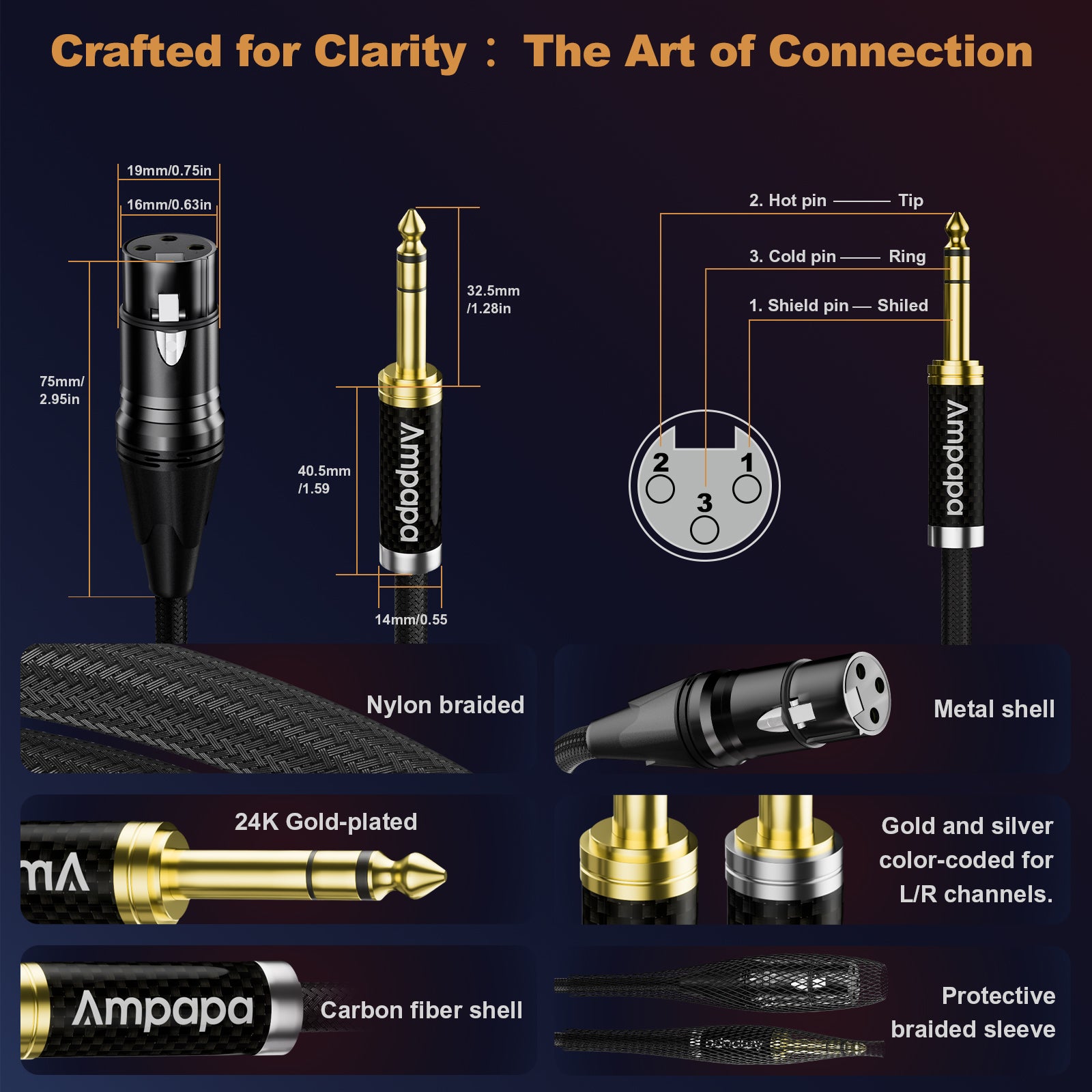 Ampapa 1/4 Inch TRS to XLR Female Balanced Cable with Oxygen-free Copper