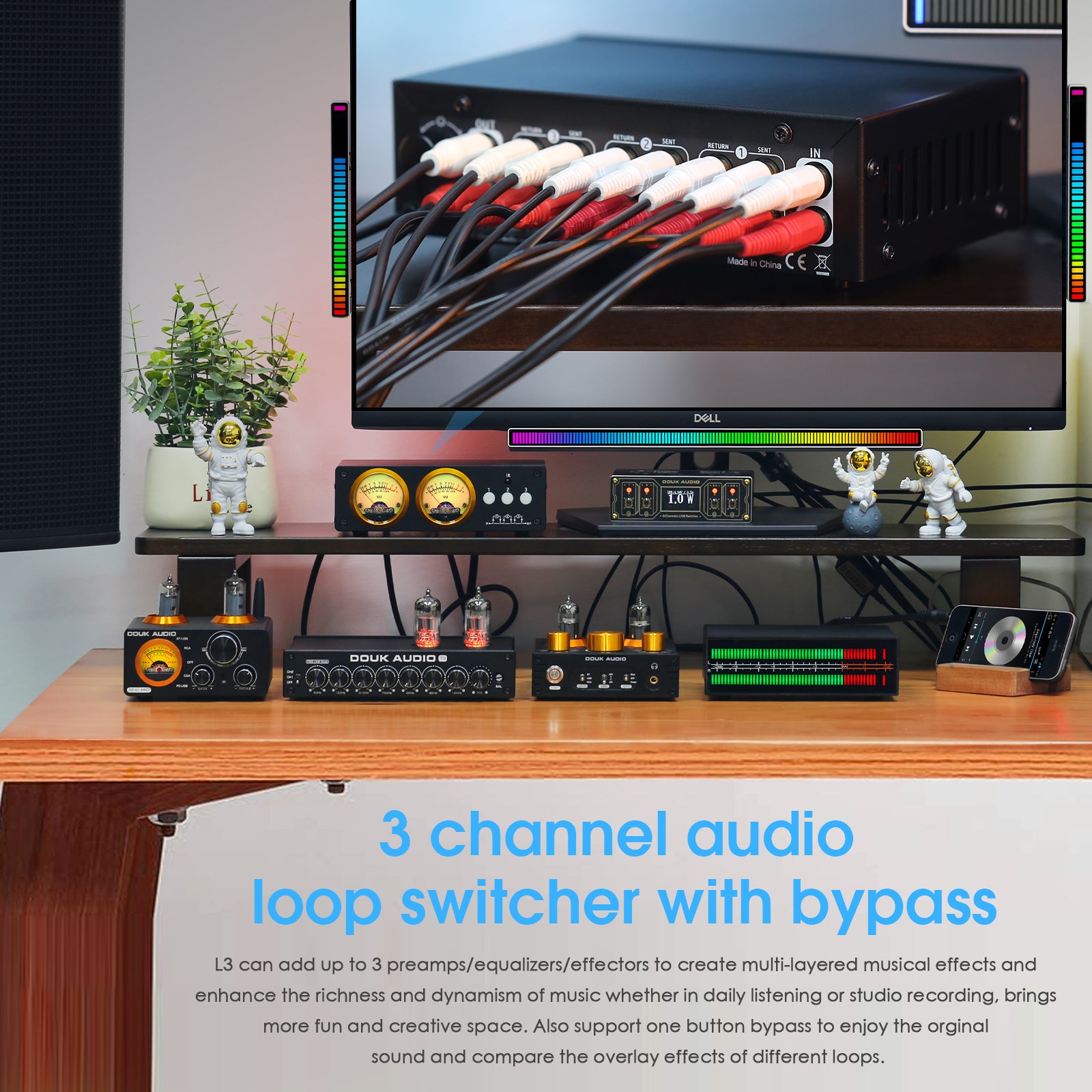 Douk Audio L3 3 Channel Stereo Audio Loop Switcher with VU Meter RCA Selector BOX