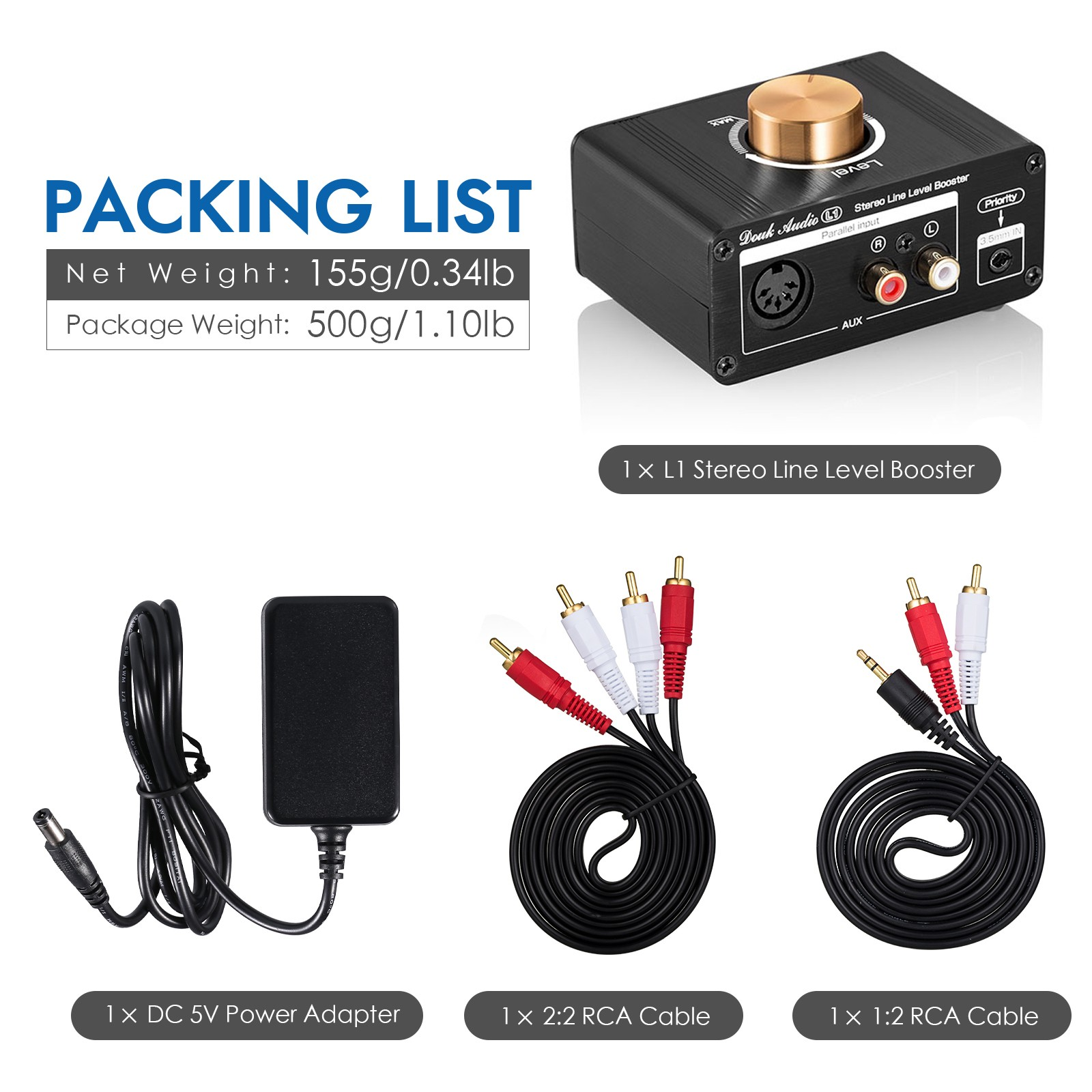 Douk Audio L1 Mini Stereo Line Level Booster Amplifier Audio Preamp 20dB Gain w/Volume Control