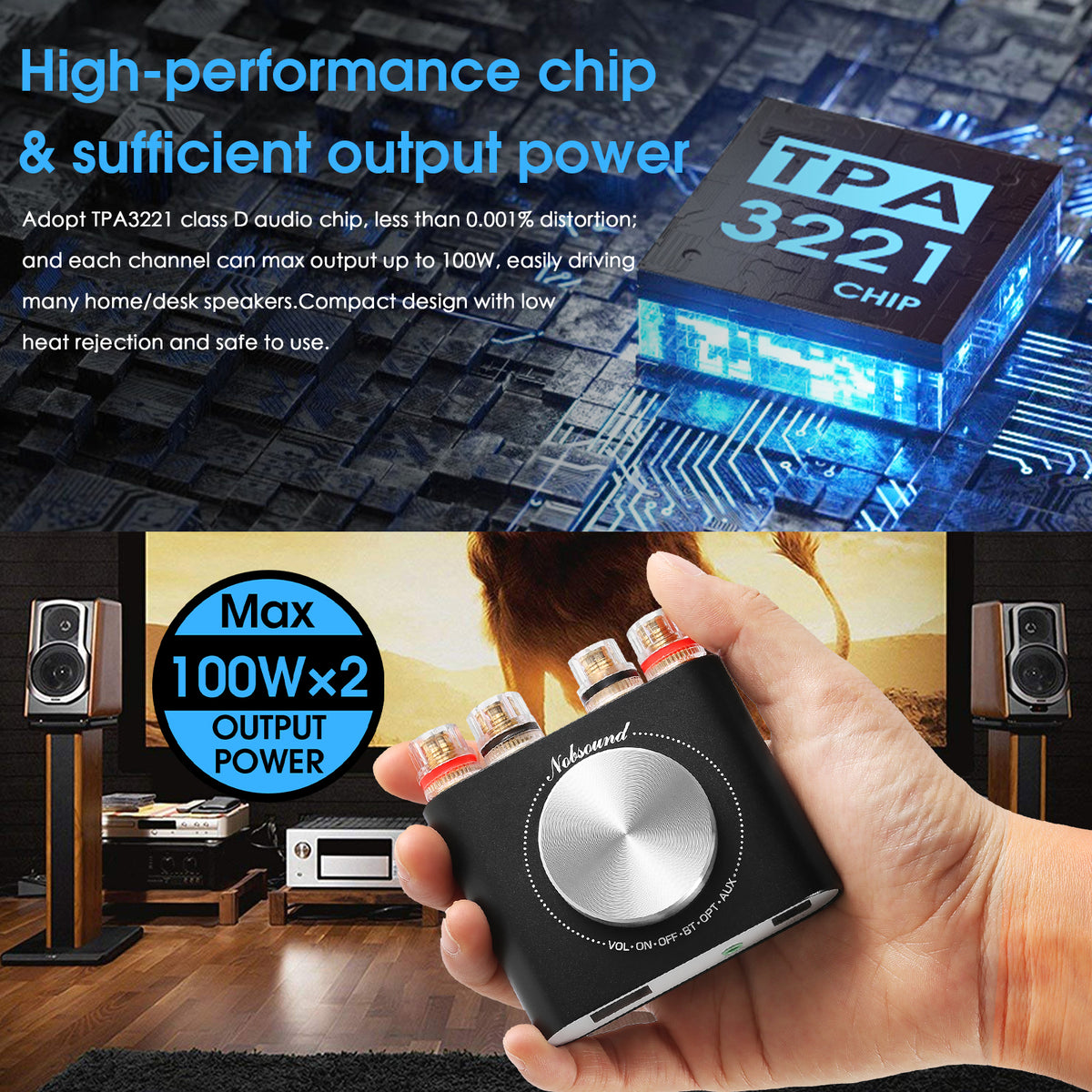 Nobsound Q10 HiFi Bluetooth 5.0 Digital Amplifier Mini AUX/Optical Stereo Audio Power Amp 100W