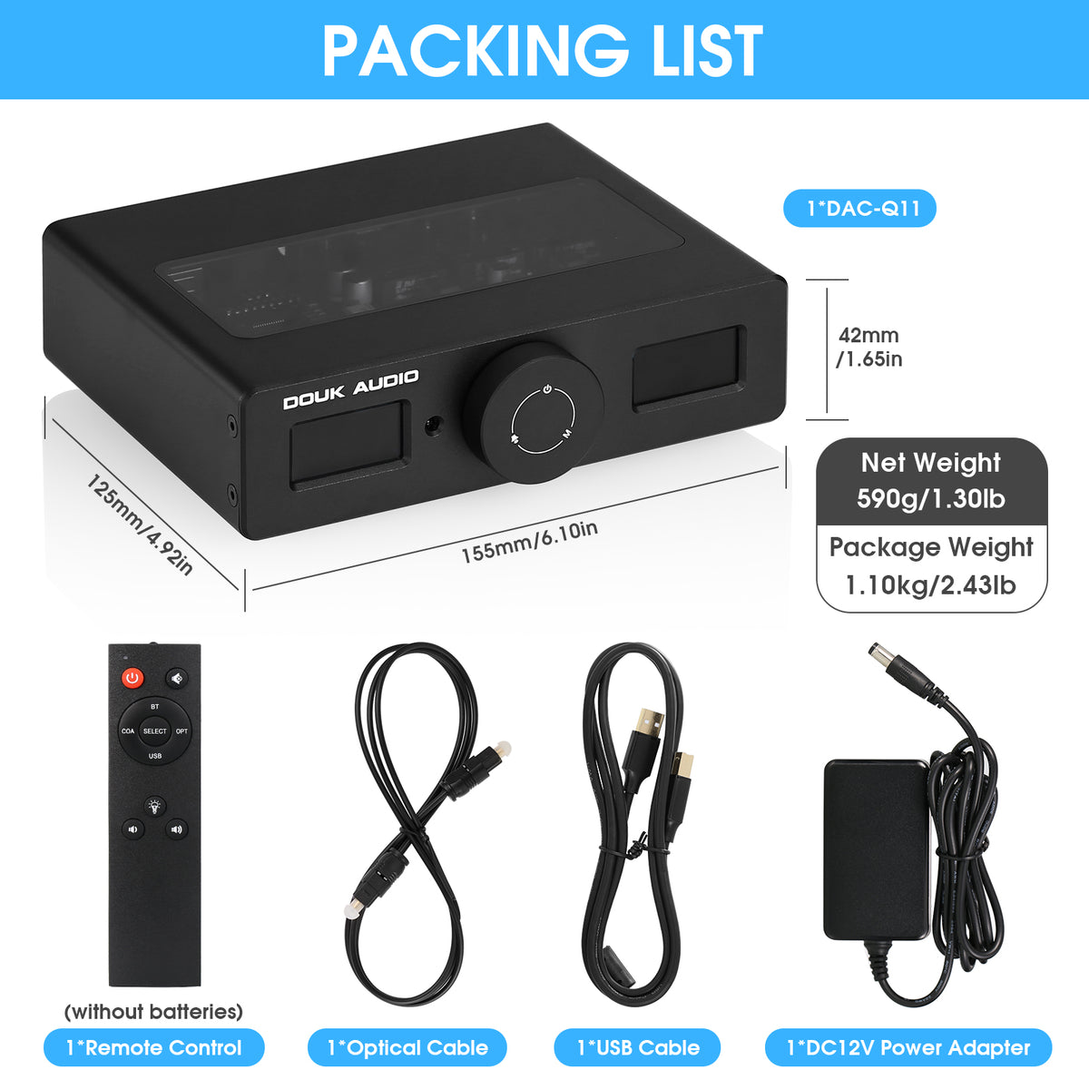 Douk Audio DAC-Q11 HiFi ESS9038Q2M+AK4493 USB DAC Audio Adapter COAX/OPT D/A Converter DSD256