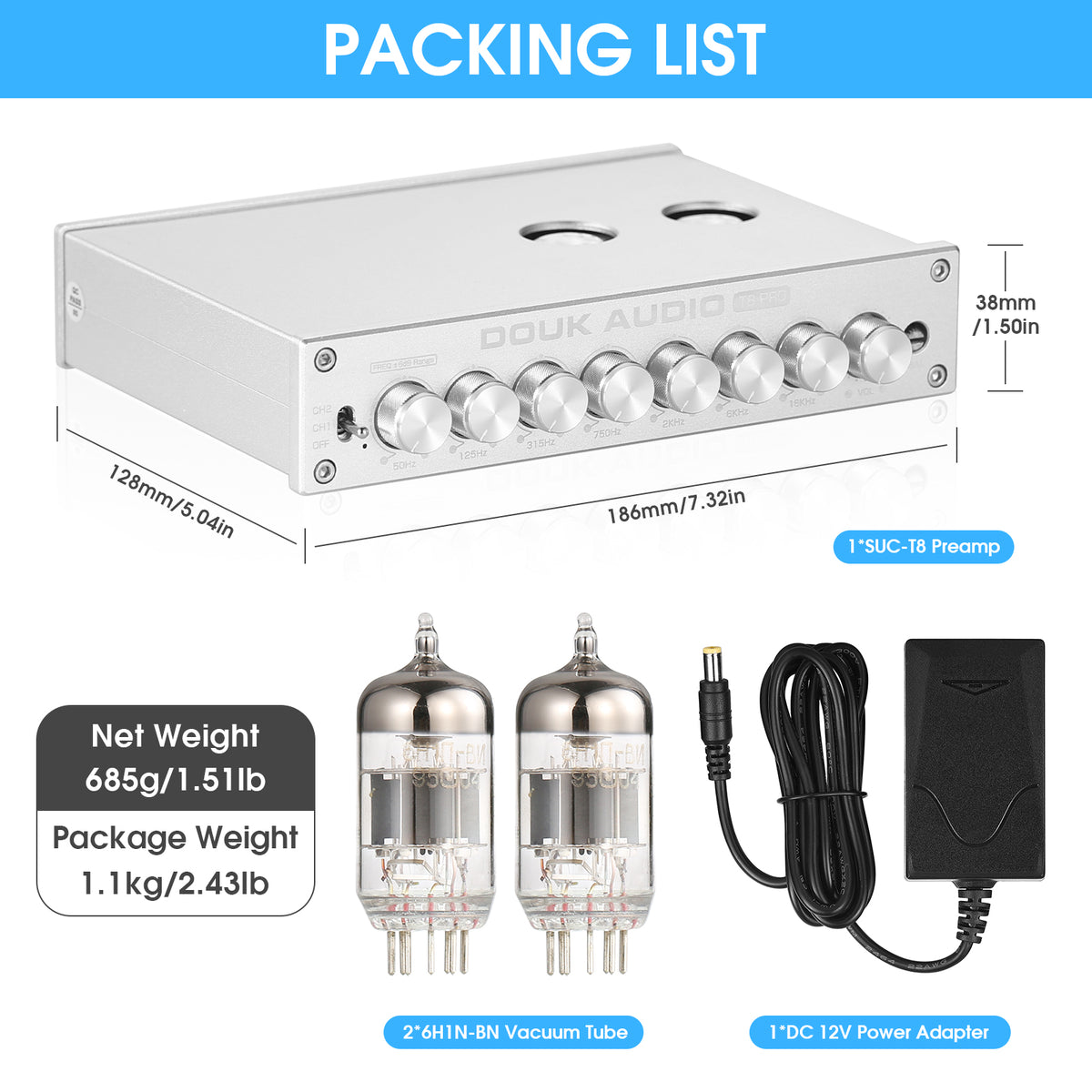 [升级版] Douk Audio T8PRO 7 段 EQ 电子管前置放大器均衡器 XLR 前置放大器，带音调控制，适用于家用扬声器