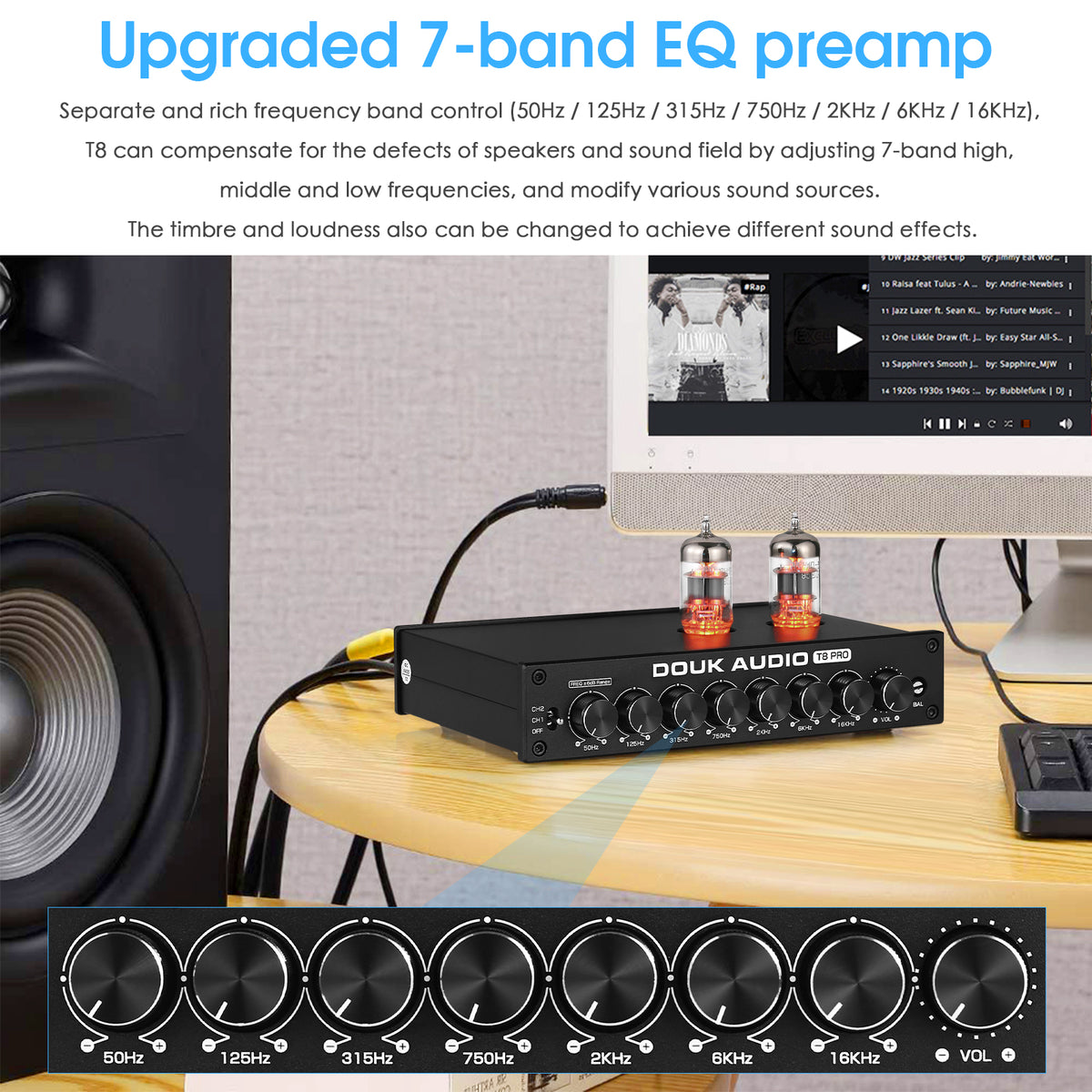 [升级版] Douk Audio T8PRO 7 段 EQ 电子管前置放大器均衡器 XLR 前置放大器，带音调控制，适用于家用扬声器