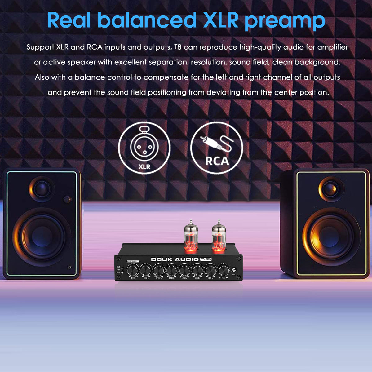 [升级版] Douk Audio T8PRO 7 段 EQ 电子管前置放大器均衡器 XLR 前置放大器，带音调控制，适用于家用扬声器