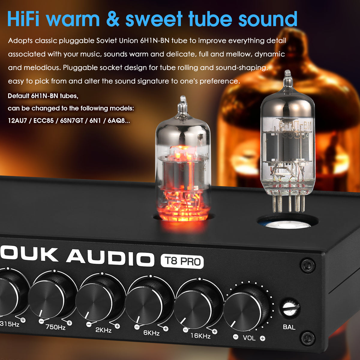 [升级版] Douk Audio T8PRO 7 段 EQ 电子管前置放大器均衡器 XLR 前置放大器，带音调控制，适用于家用扬声器