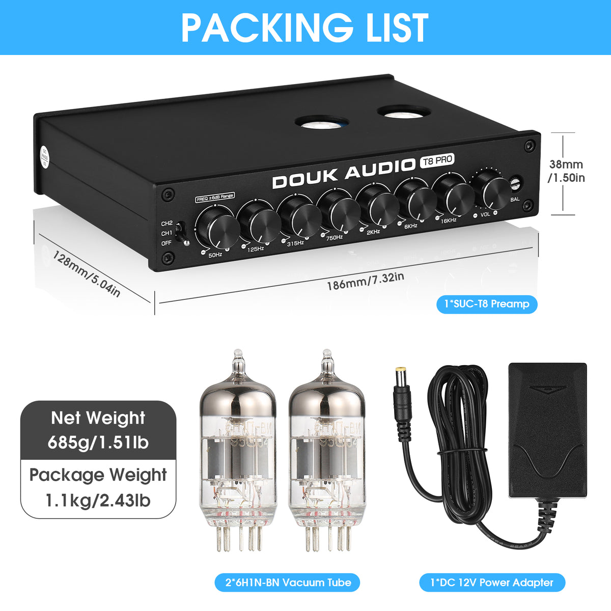 [升级版] Douk Audio T8PRO 7 段 EQ 电子管前置放大器均衡器 XLR 前置放大器，带音调控制，适用于家用扬声器