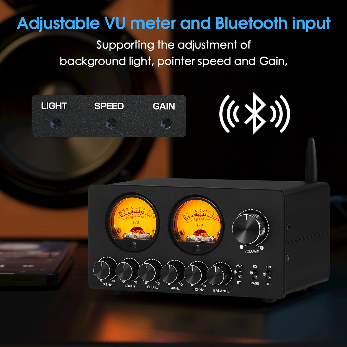 Douk Audio EQ5-TONE Mini 5-Band-EQ-Equalizer mit Bluetooth-Empfänger, Stereo-Audio-Vorverstärker mit VU-Meter