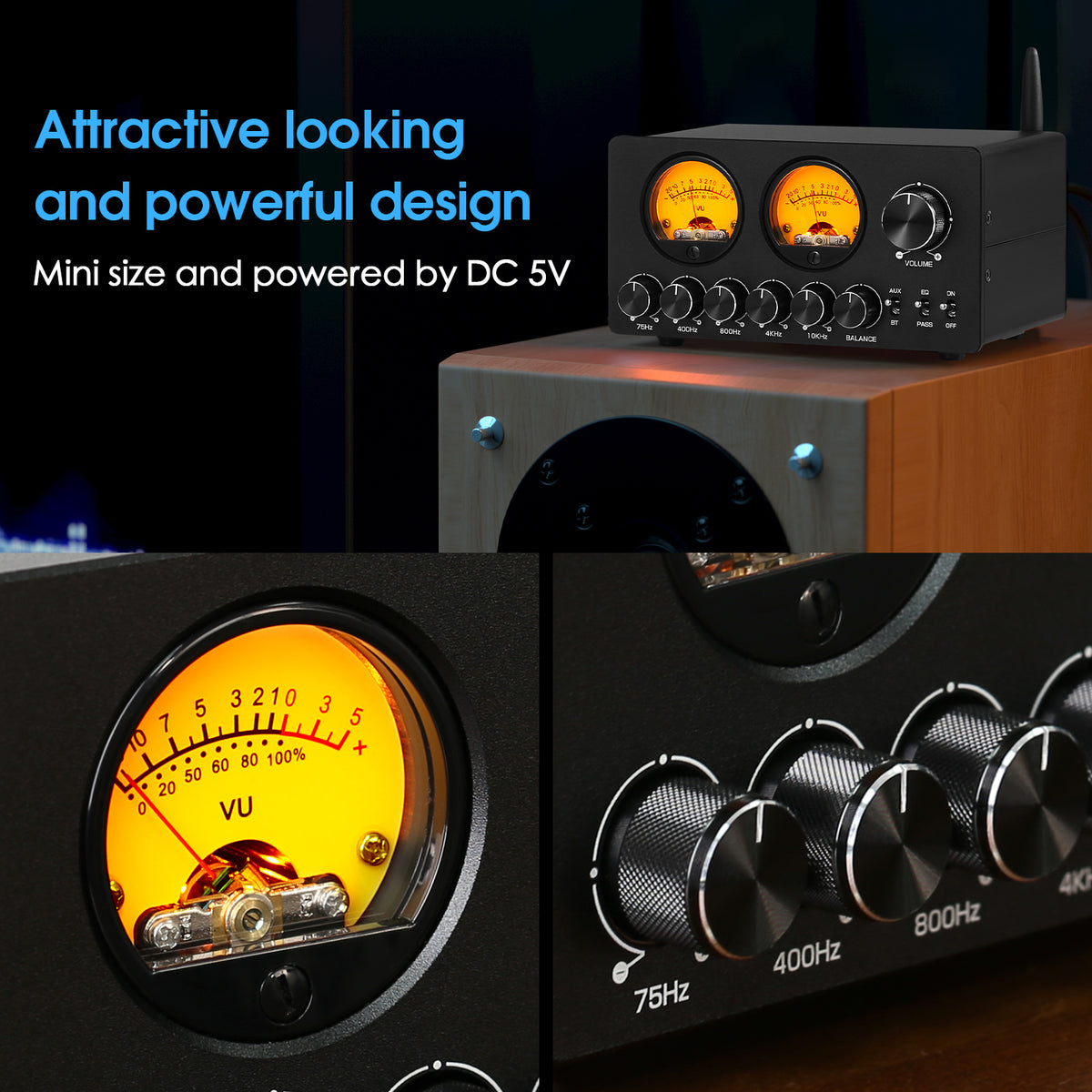 Douk Audio EQ5-TONE Mini 5-Band-EQ-Equalizer mit Bluetooth-Empfänger, Stereo-Audio-Vorverstärker mit VU-Meter