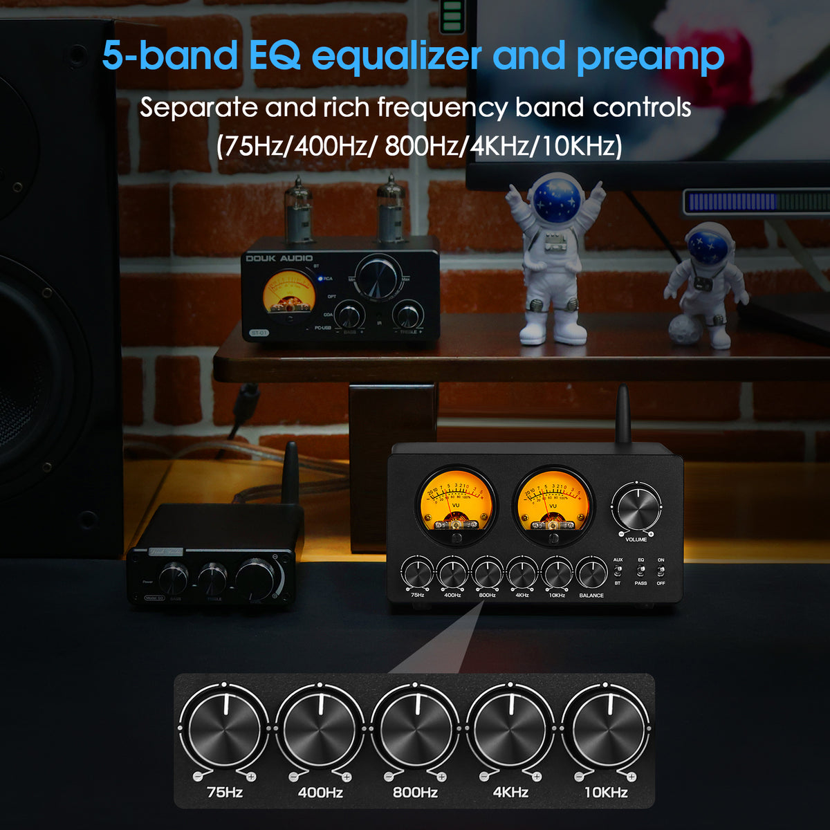 Douk Audio EQ5-TONE Mini 5-Band-EQ-Equalizer mit Bluetooth-Empfänger, Stereo-Audio-Vorverstärker mit VU-Meter