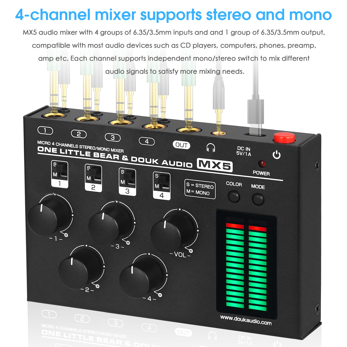Douk Audio MX5 Mono/Stereo 4 Channel Audio Mixer Ultra Low-Noise Line Mixer LED Level Meter