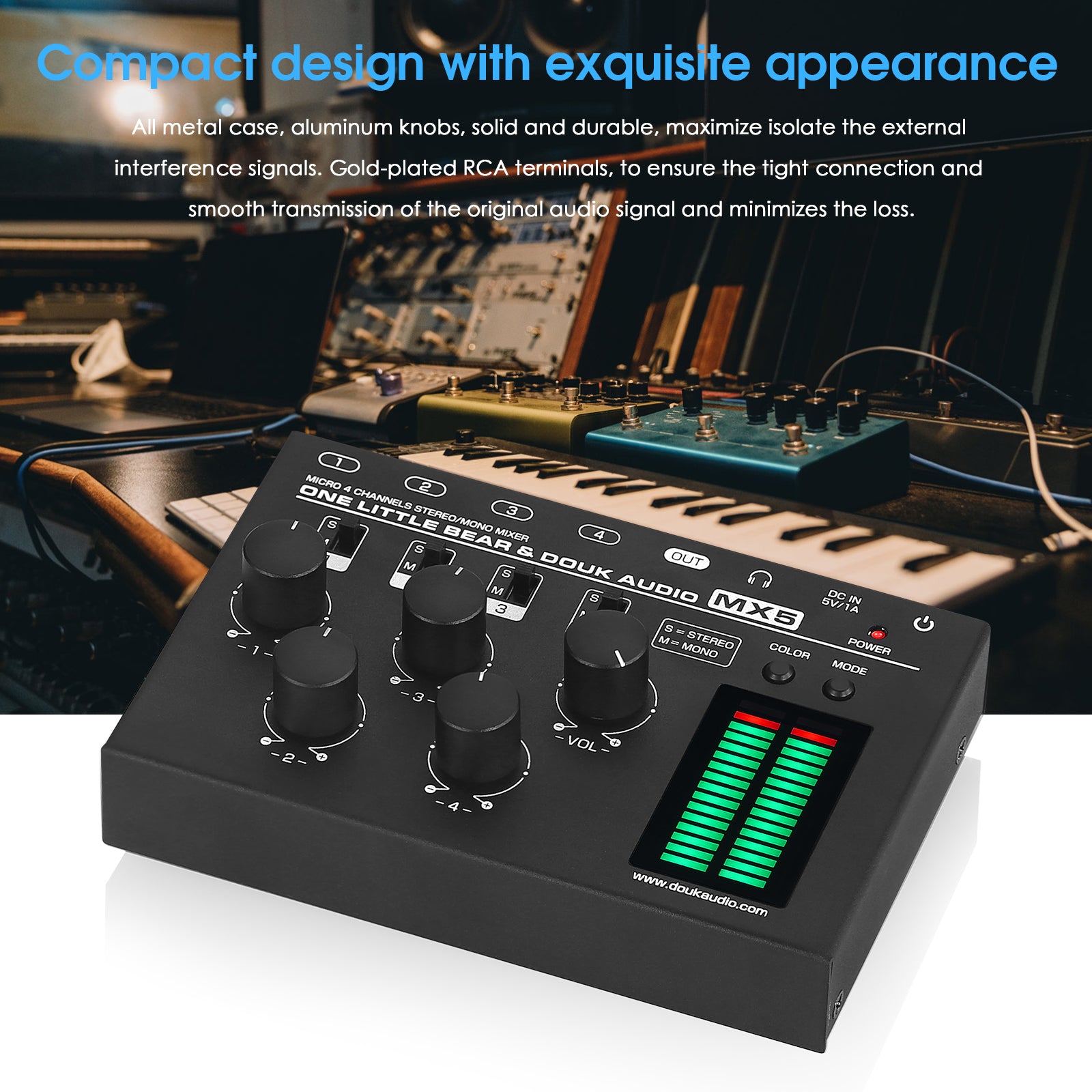 Douk Audio MX5 Mono/Stereo 4 Channel Audio Mixer Ultra Low-Noise Line Mixer LED Level Meter