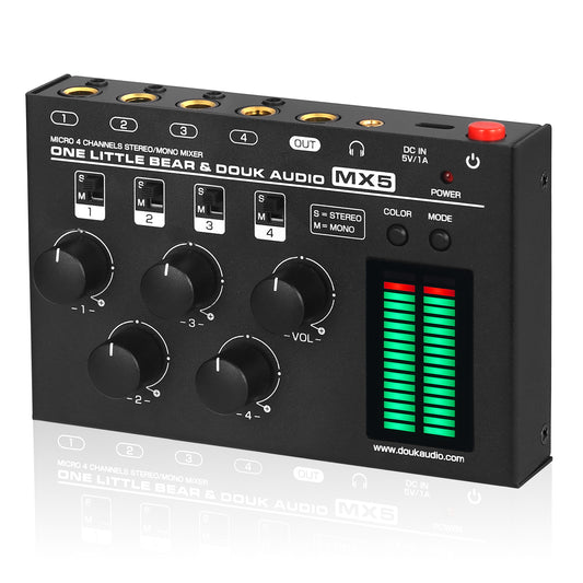 Douk Audio MX5 Mono/Stereo 4 Channel Audio Mixer Ultra Low-Noise Line Mixer LED Level Meter