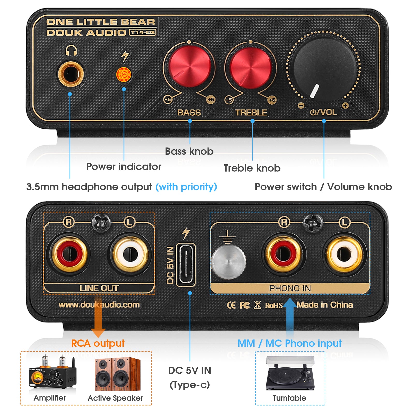 Douk Audio T14-EQ Mini MM/MC Phono Stage RIAA Preamp for LP Vinyl Turntables with Headphone Out
