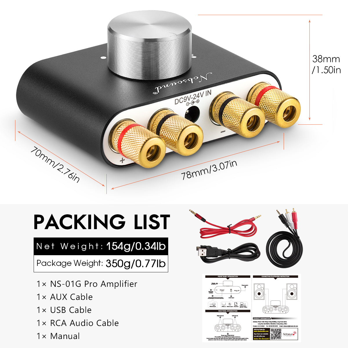 Nobsound NS-01G PRO Mini Bluetooth 5.0 Digital Amplifier USB Sound Card Stereo Audio Amp 50W+50W