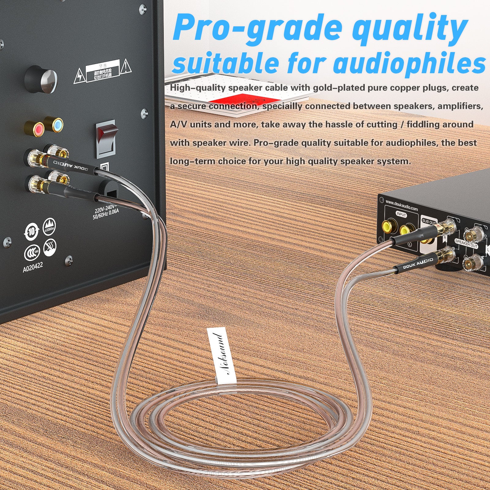Douk Audio 14AWG OFC Copper Speaker Wire Cable with Gold-Plated Banana Tip Plugs