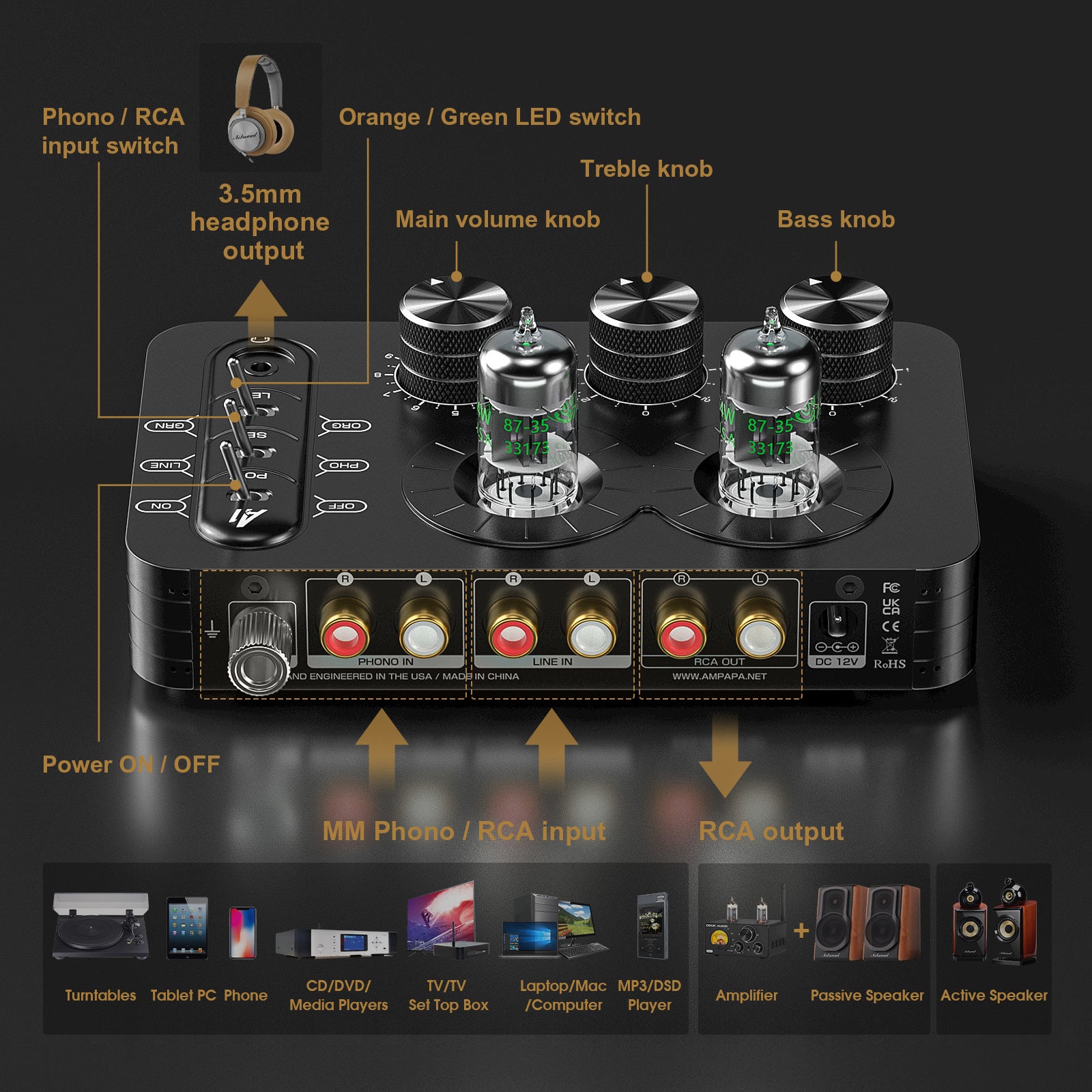 Ampapa A1 Mini 5654 Vacuum Tube Preamp Phono/Turntable Amplifier w/Tone Control
