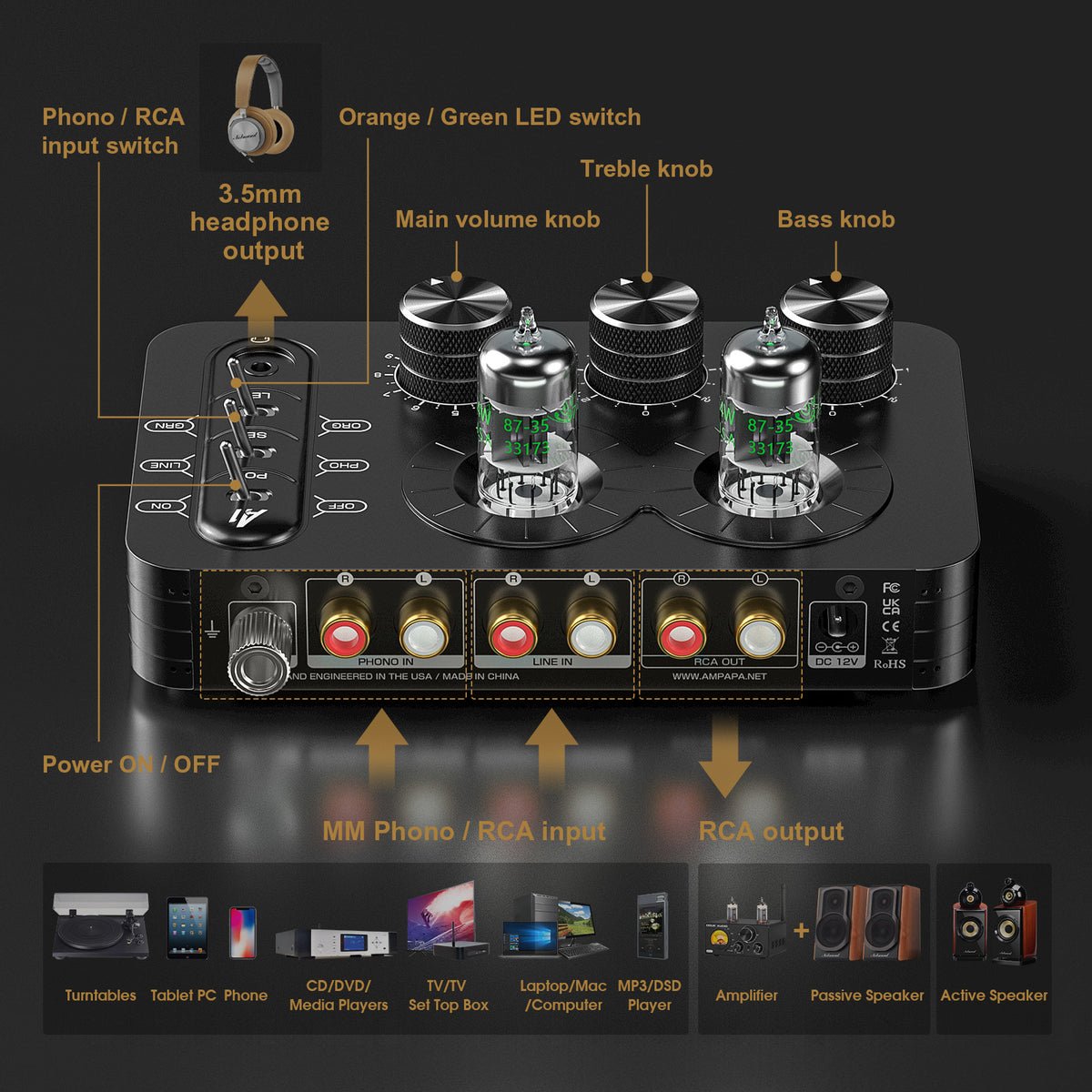 Ampapa A1 Mini 5654 Vacuum Tube Preamp Phono/Turntable Amplifier w/Tone Control