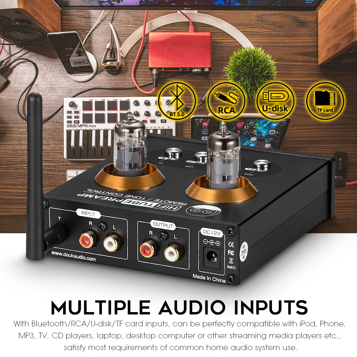 Douk Audio P2 Mini Bluetooth 5.0 Vacuum Tube Preamp USB Player Stereo Headphone Amplifier