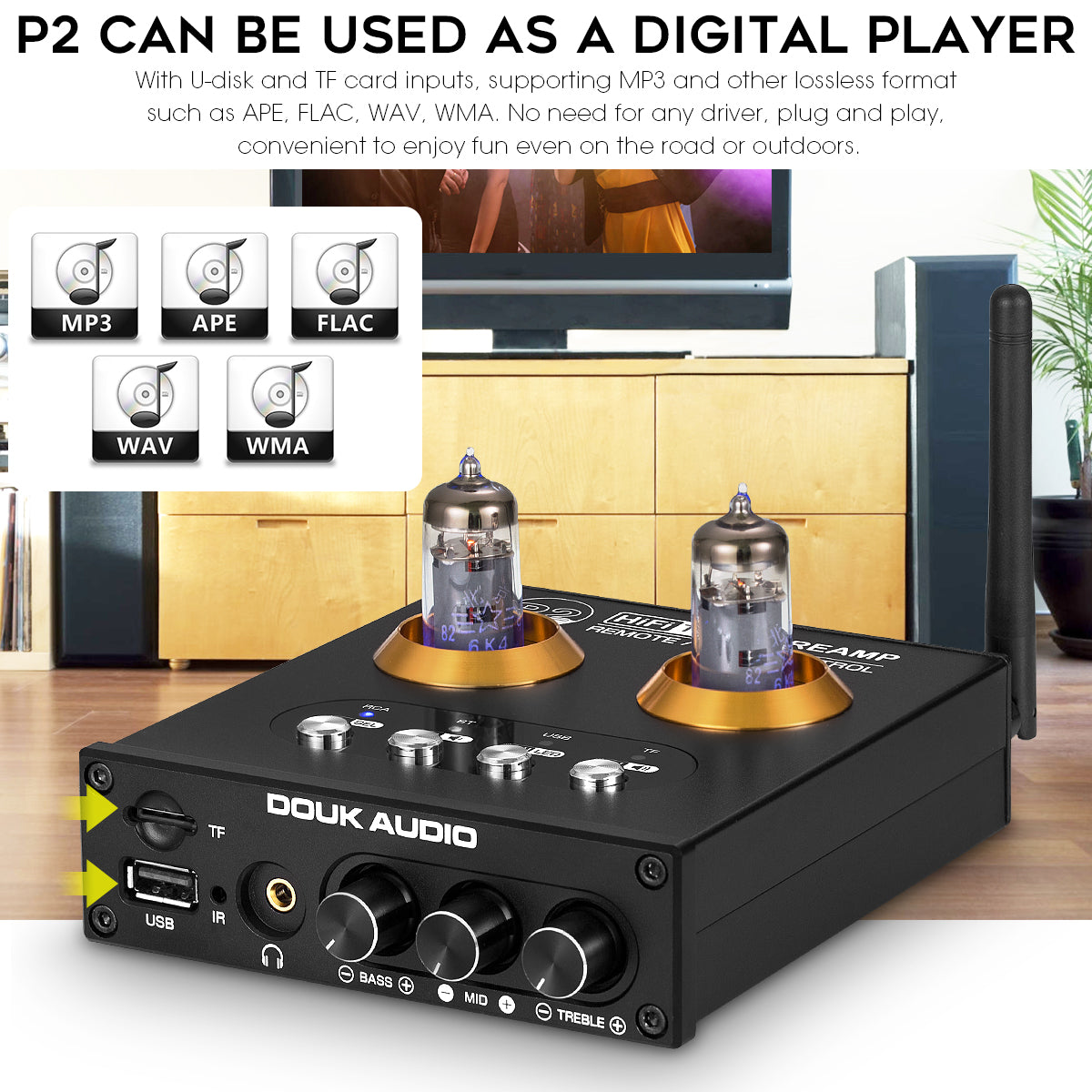 Douk Audio P2 Mini Bluetooth 5.0 Vacuum Tube Preamp USB Player Stereo Headphone Amplifier