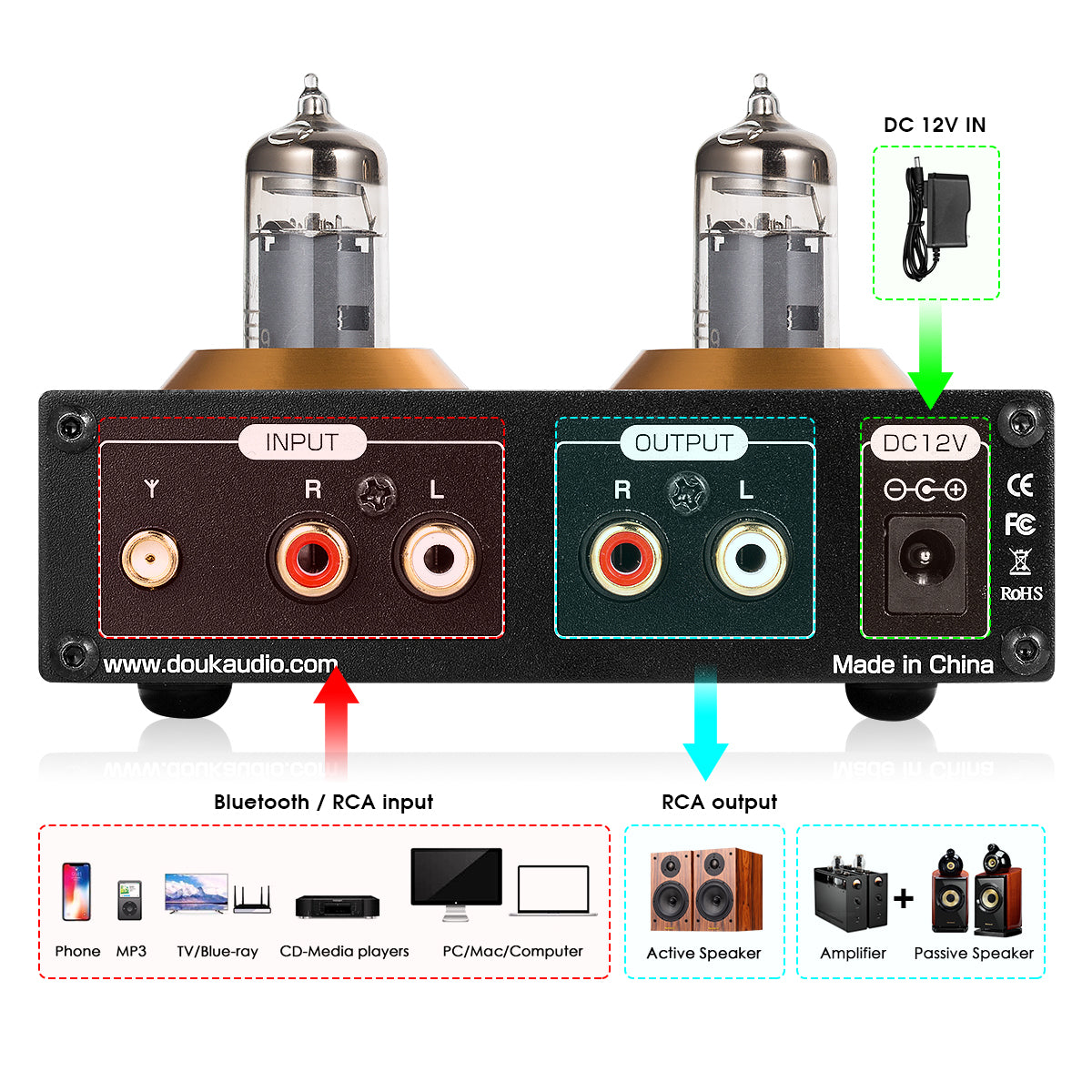 Douk Audio P2 Mini Bluetooth 5.0 Vacuum Tube Preamp USB Player Stereo Headphone Amplifier