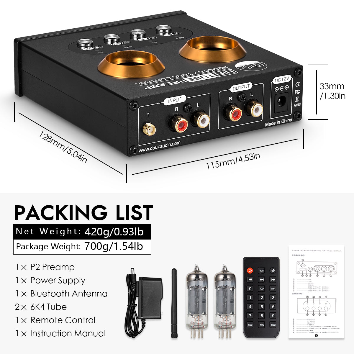 Douk Audio P2 Mini Bluetooth 5.0 Vacuum Tube Preamp USB Player Stereo Headphone Amplifier