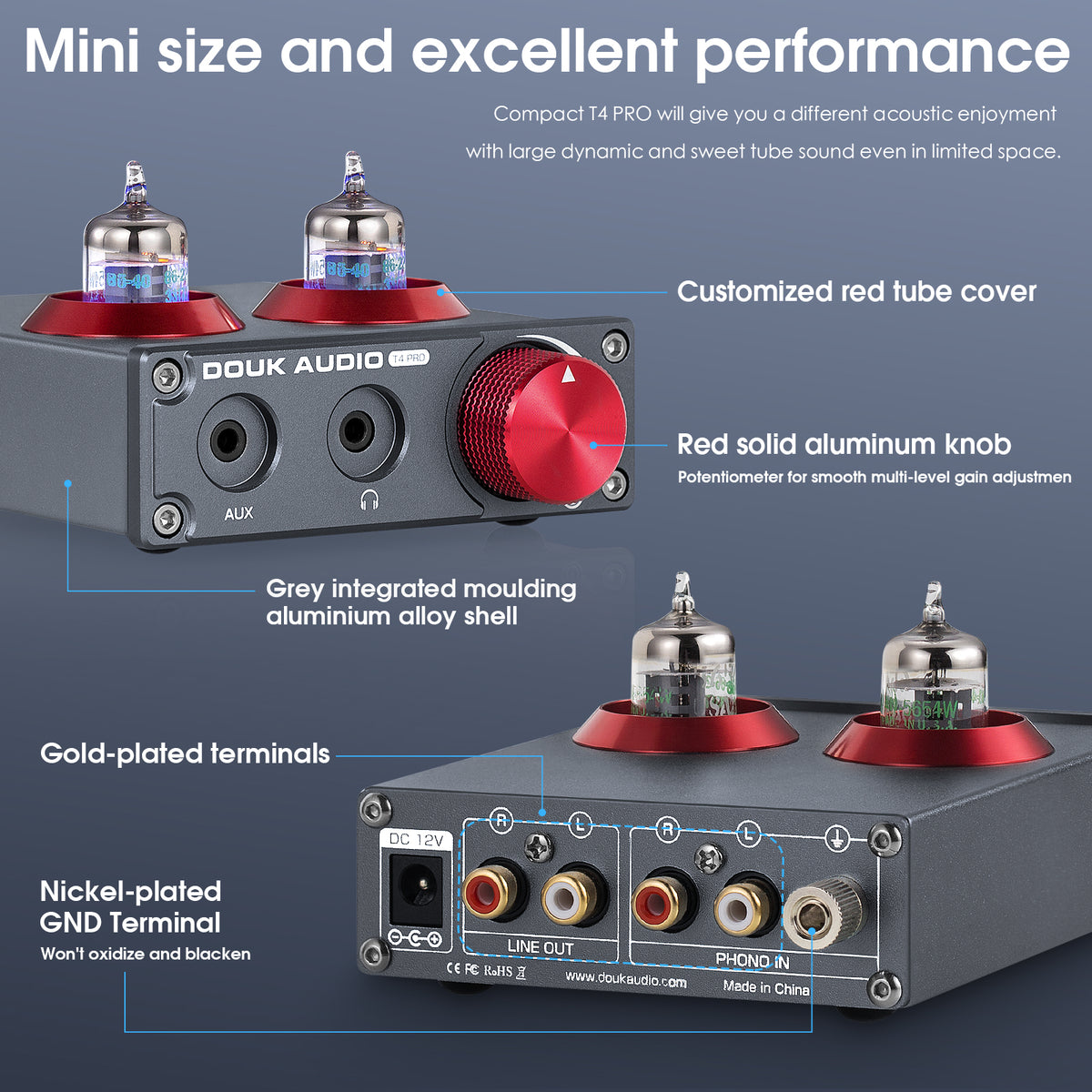 Douk Audio T4 PRO Mini GE5654 Vakuumröhren-Phono-Vorverstärker, Heim-Stereo-Audio-Vorverstärker, Kopfhörerverstärker 