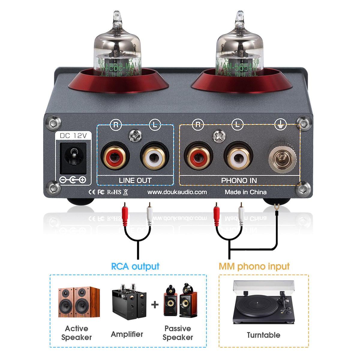 Douk Audio T4 PRO Mini GE5654 Vakuumröhren-Phono-Vorverstärker, Heim-Stereo-Audio-Vorverstärker, Kopfhörerverstärker 