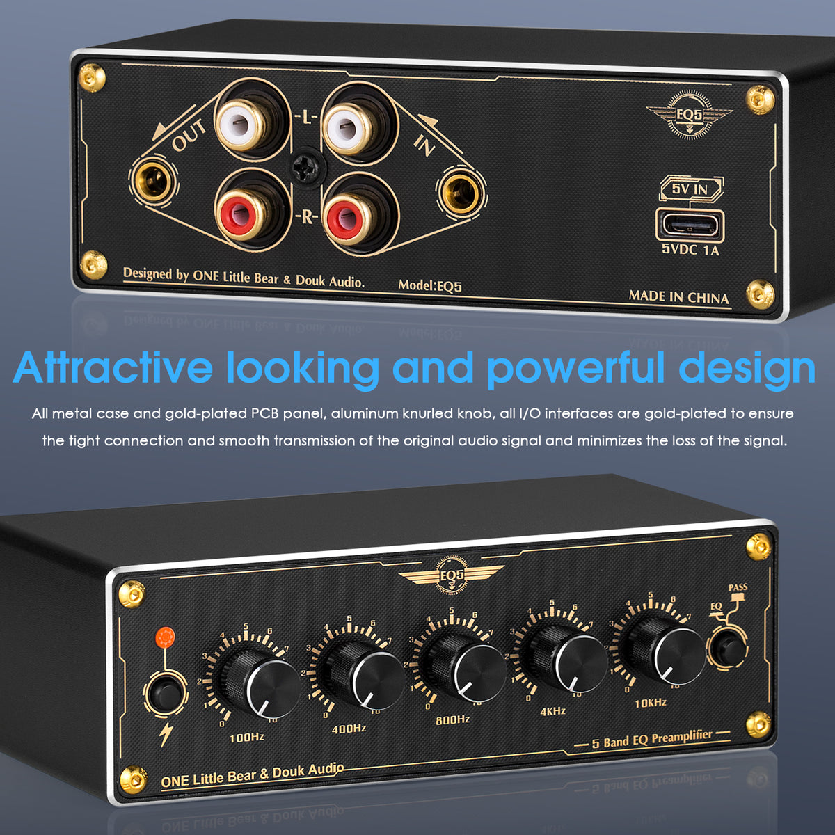 Douk Audio EQ5 Mini 5-Band EQ Vorverstärker Equalizer Stereo Heim-/Auto-Audioprozessor 