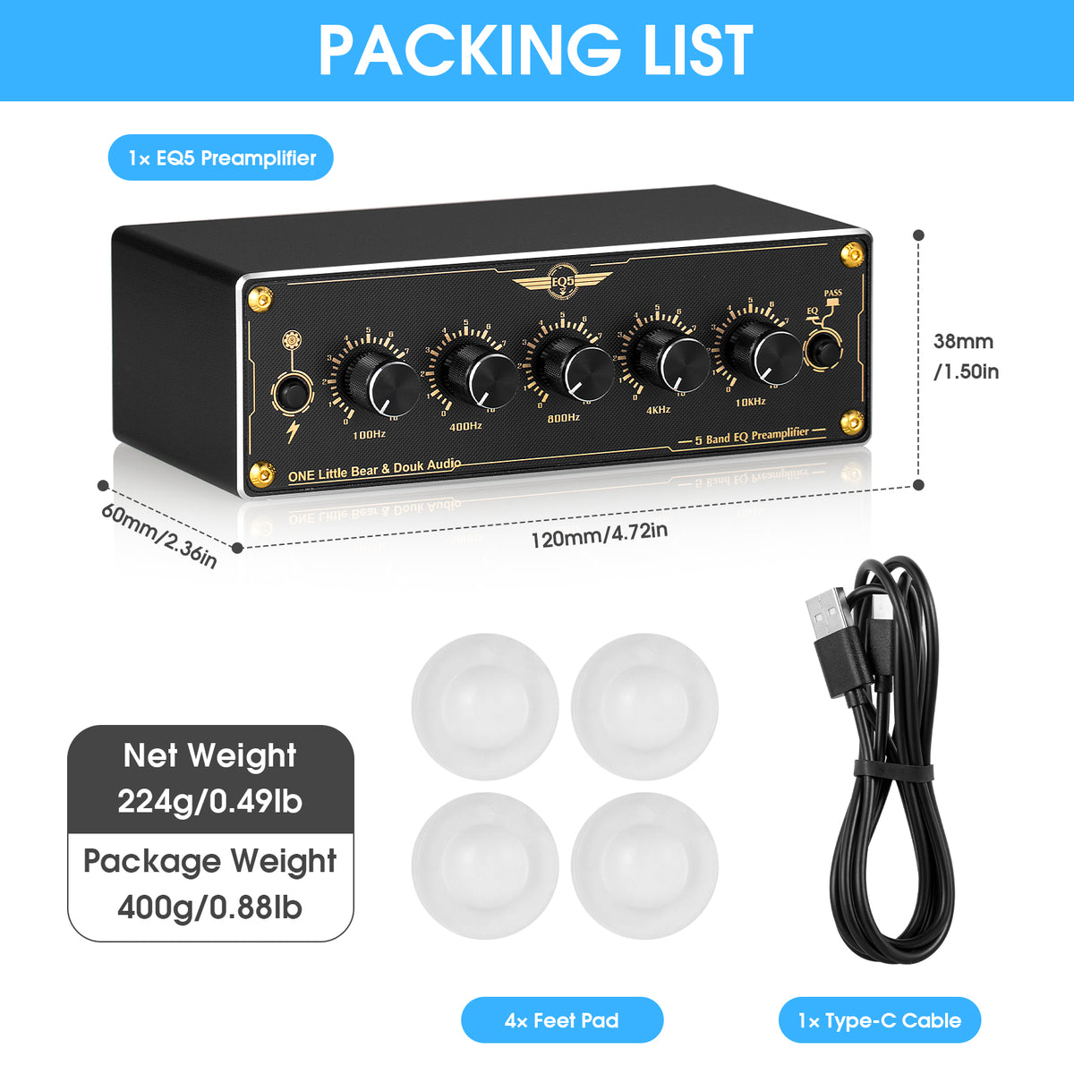 Douk Audio EQ5 Mini 5-Band EQ Vorverstärker Equalizer Stereo Heim-/Auto-Audioprozessor 