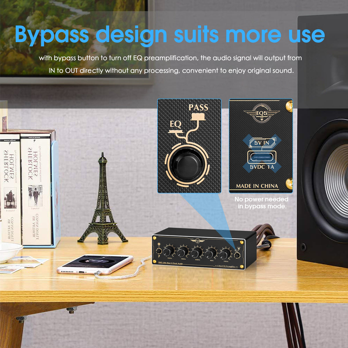 Douk Audio EQ5 Mini 5-Band EQ Vorverstärker Equalizer Stereo Heim-/Auto-Audioprozessor 